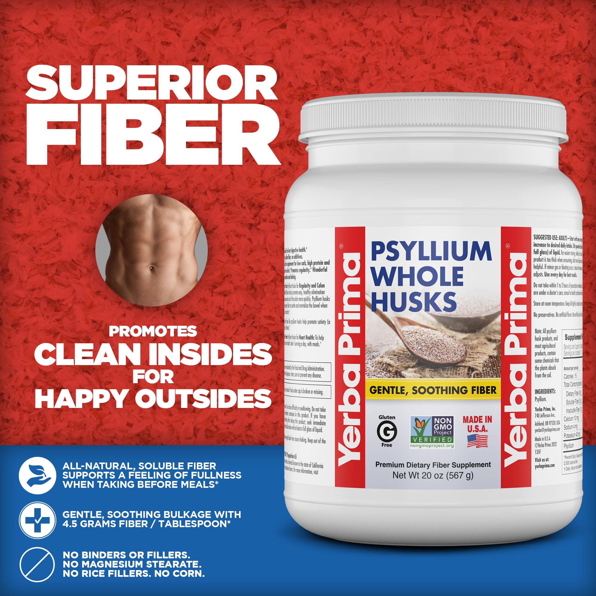 Flacon Yerba Prima Psyllium, étiquette végan, sans gluten et sans OGM