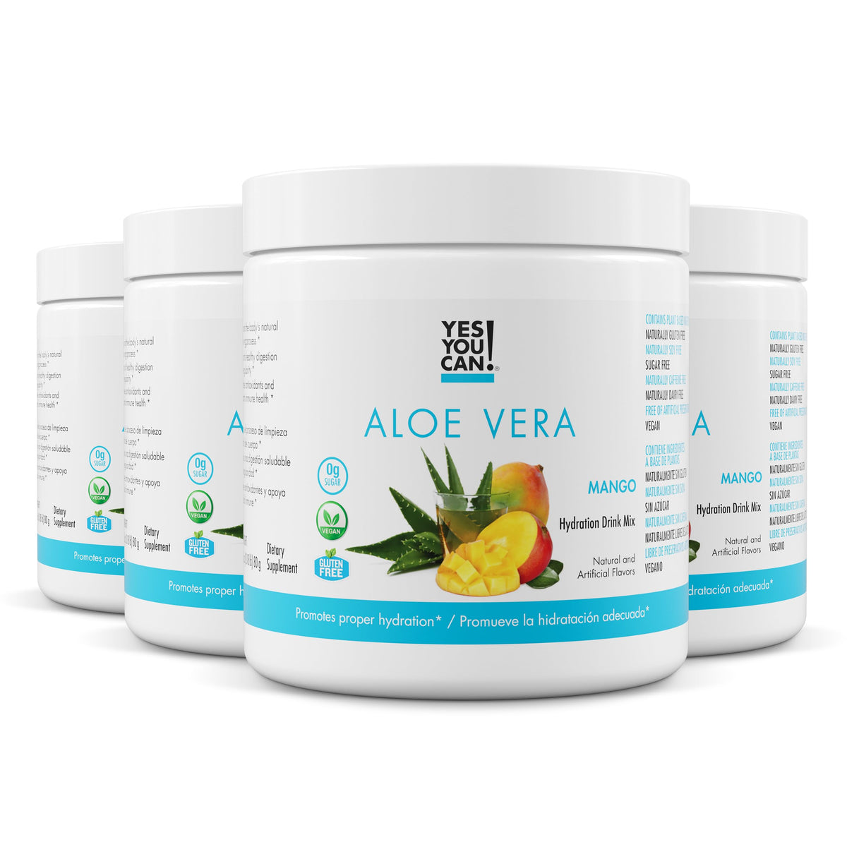 Yes You Can! Aloe Vera Poudre: verre d'eau glacé à la mangue, hydratation rafraîchissante.