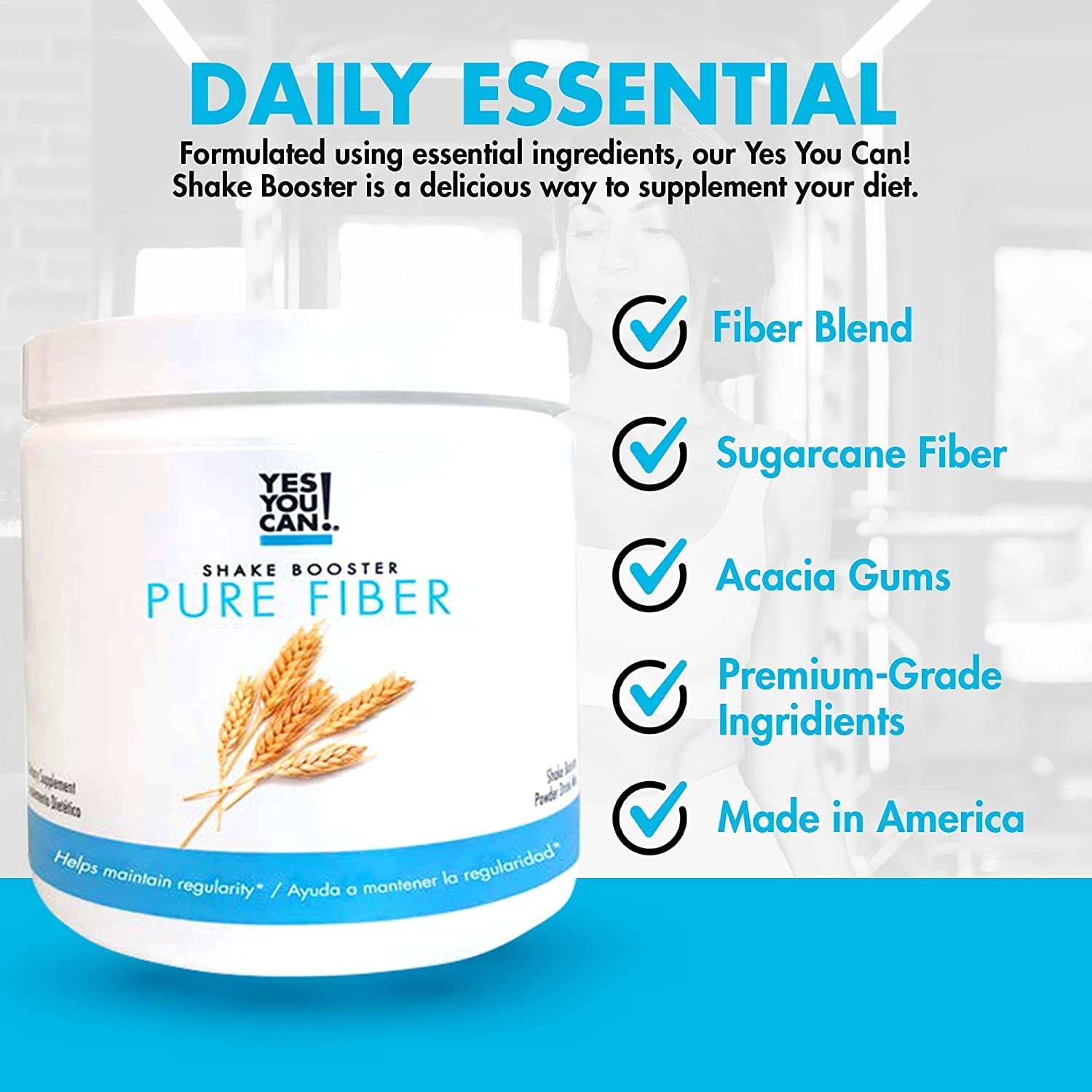 Yes You Can Shake Booster Pure Fiber — doseuse montrant la portion idéale pour le shake.