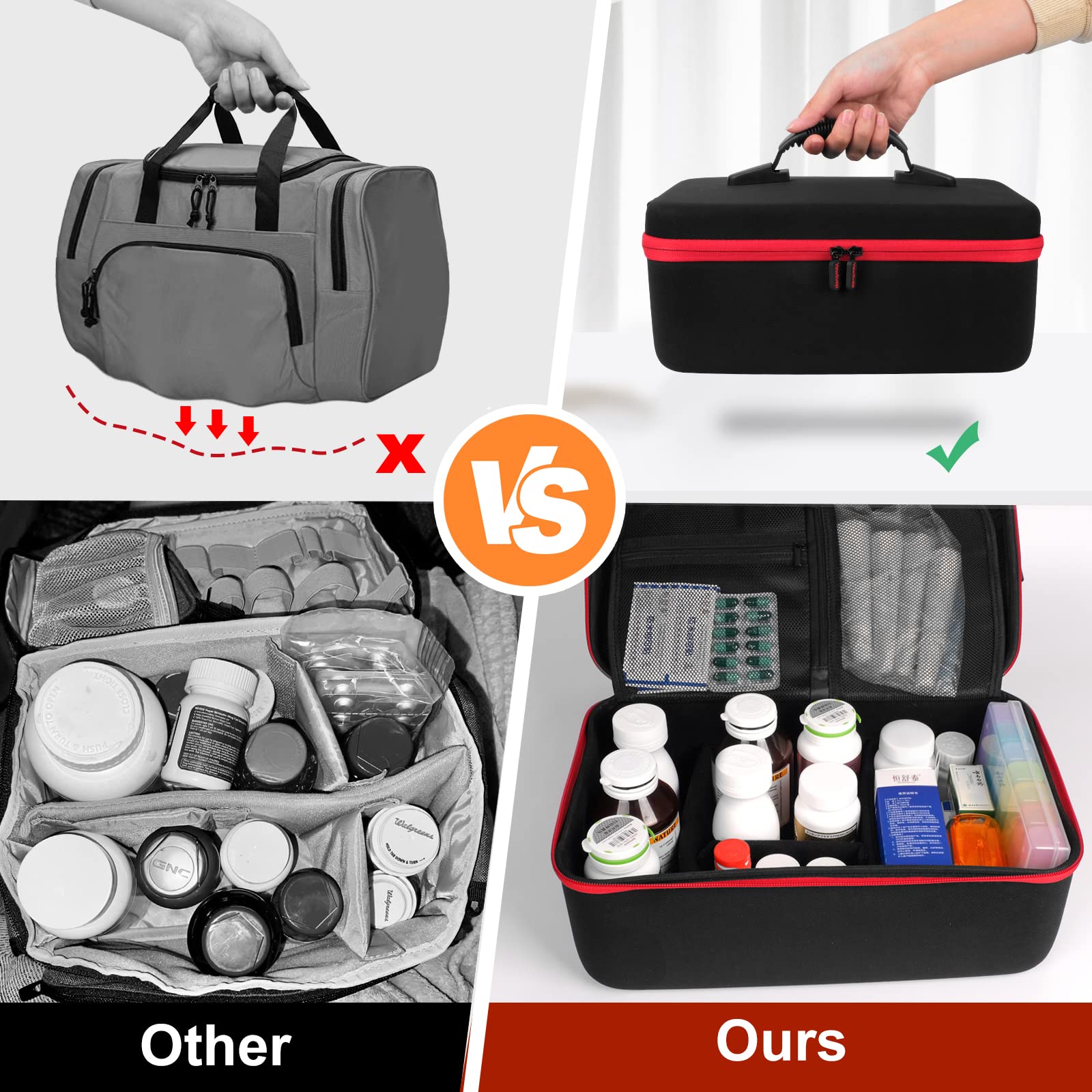 Compartiments internes amovibles de Yewltvep, personnaliser l espace pour pilules et petites bouteilles.
