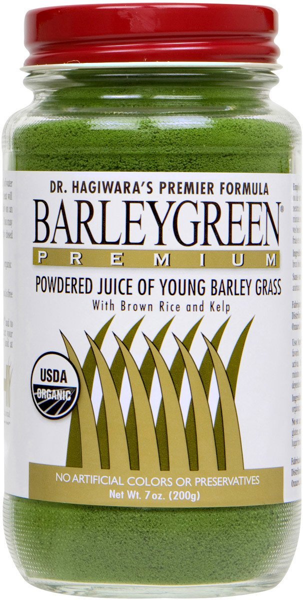 BarleyGreen Premium en poudre dans un bocal, soutien énergie et vitalité.