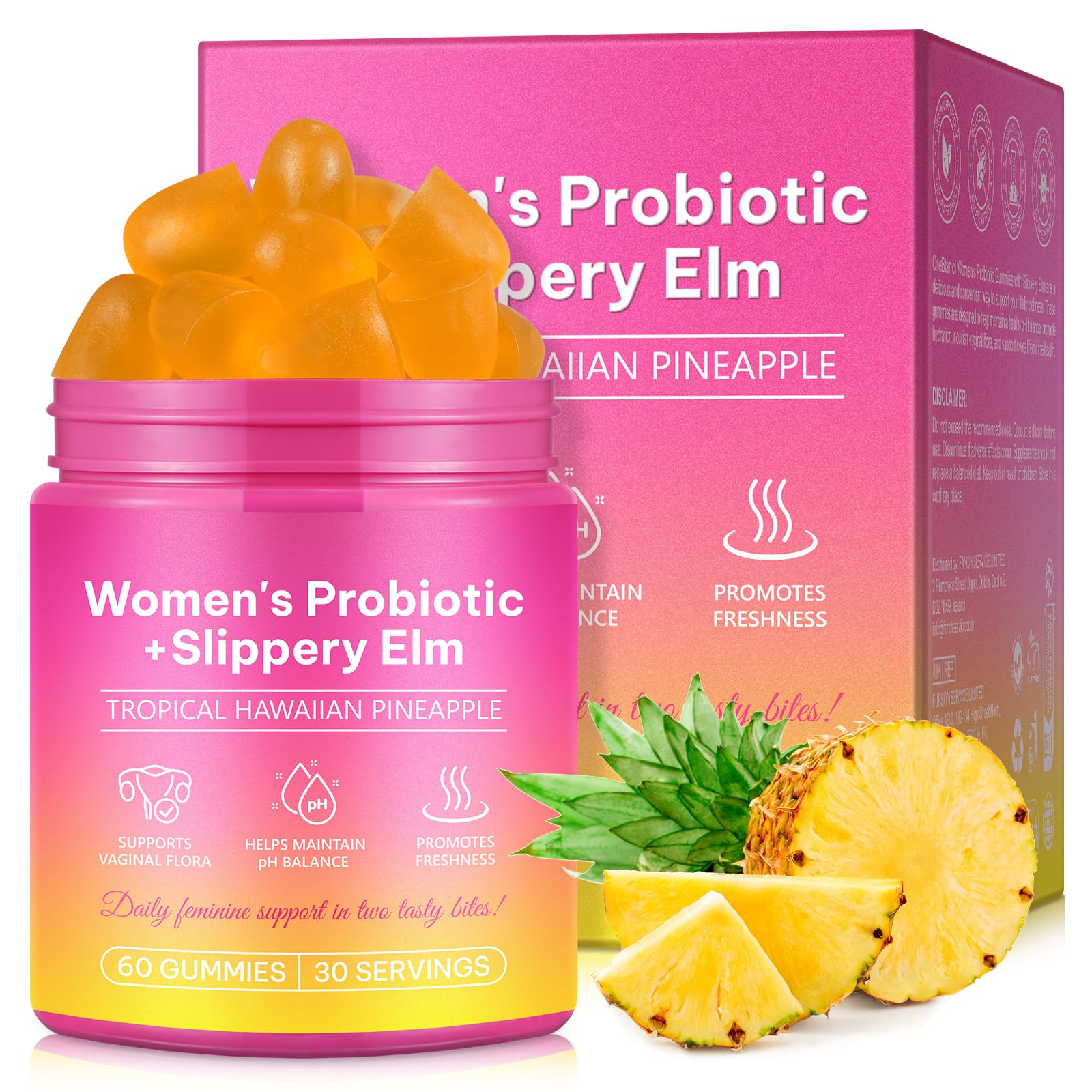 Gommes probiotiques YHFGTTIO dans une bouteille, soutien potentiel à l’équilibre vaginal et digestif.