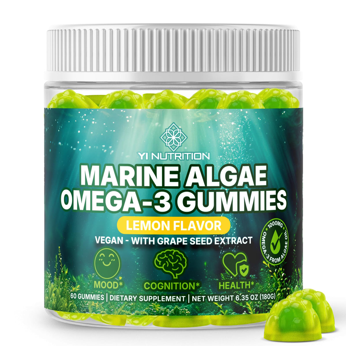 Yi Nutrition Gommes Omega3 algue marine image-paquet: absorption optimisée et sans odeur.
