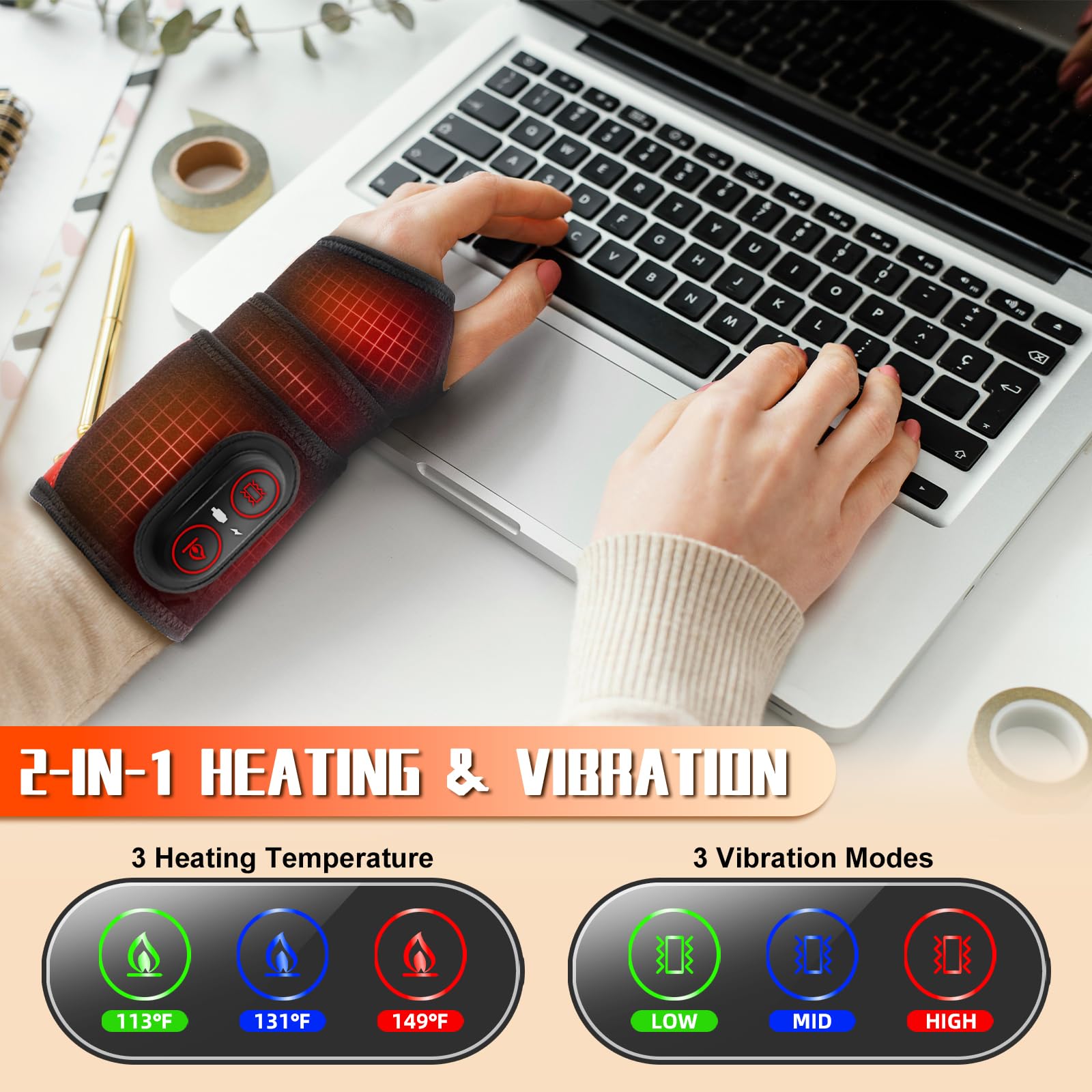 Vibration de massage du poignet pour détente musculaire.