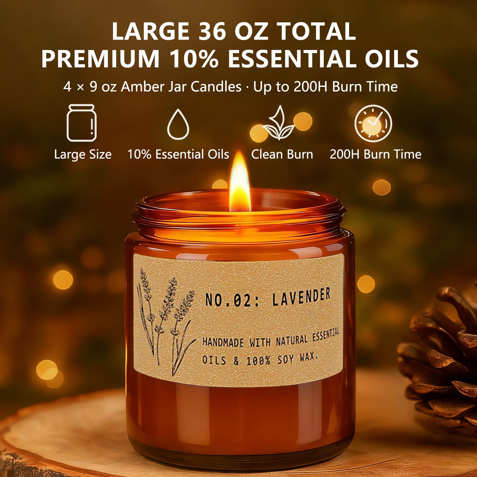 Bougie YINUO LIGHT en verre ambre 9-onces en gros plan montrant la mèche et le parfum.