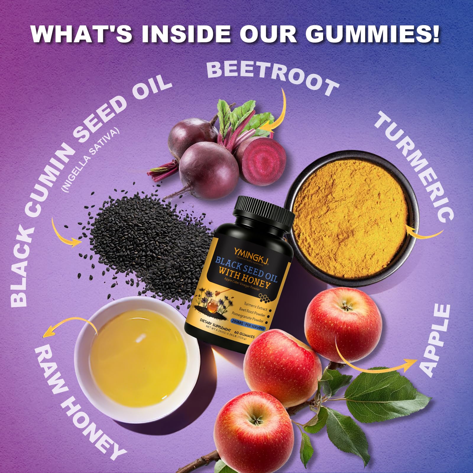 YMINGKJ gommes vinaigre de cidre et curcuma, soutien digestion et énergie quotidienne.