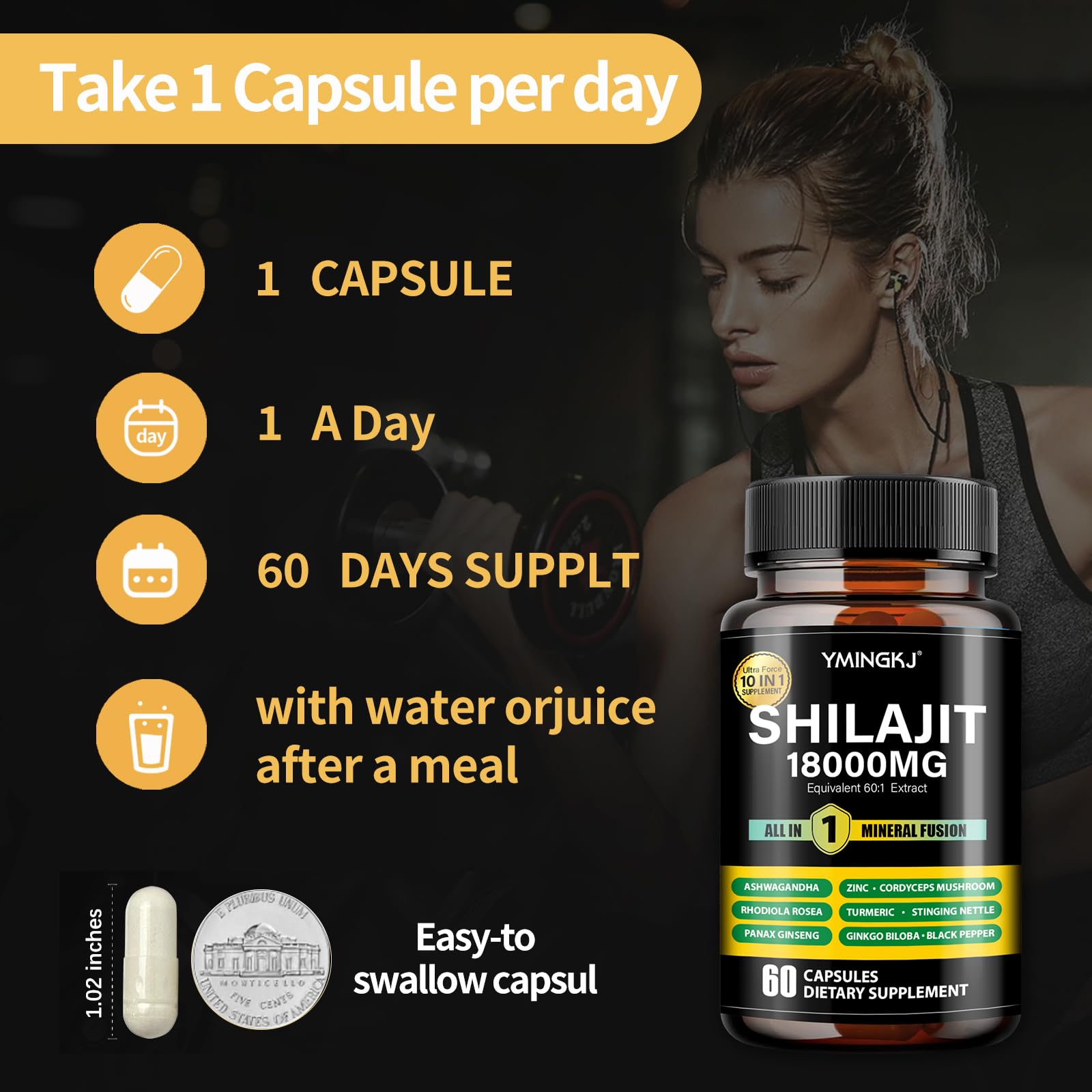 Présentation en bouteille YMINGKJ Shilajit pour routine bien-être.