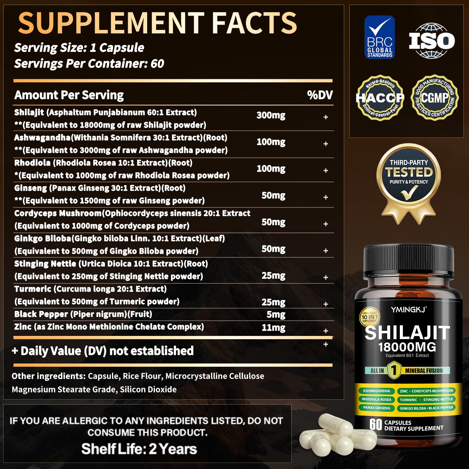 Capsules YMINGKJ Shilajit sans gluten, adaptées à divers régimes.