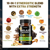 Tableau des ingrédients YMINGKJ Shilajit, minéraux et acide fulvique.