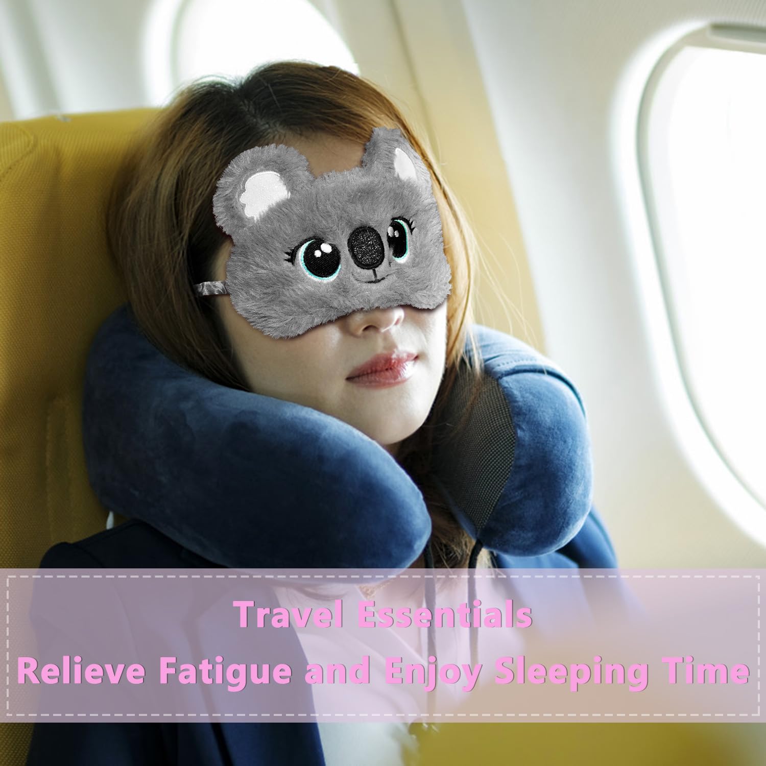 Utilisation en avion avec le masque Koala gris Ynaize pour se détendre.