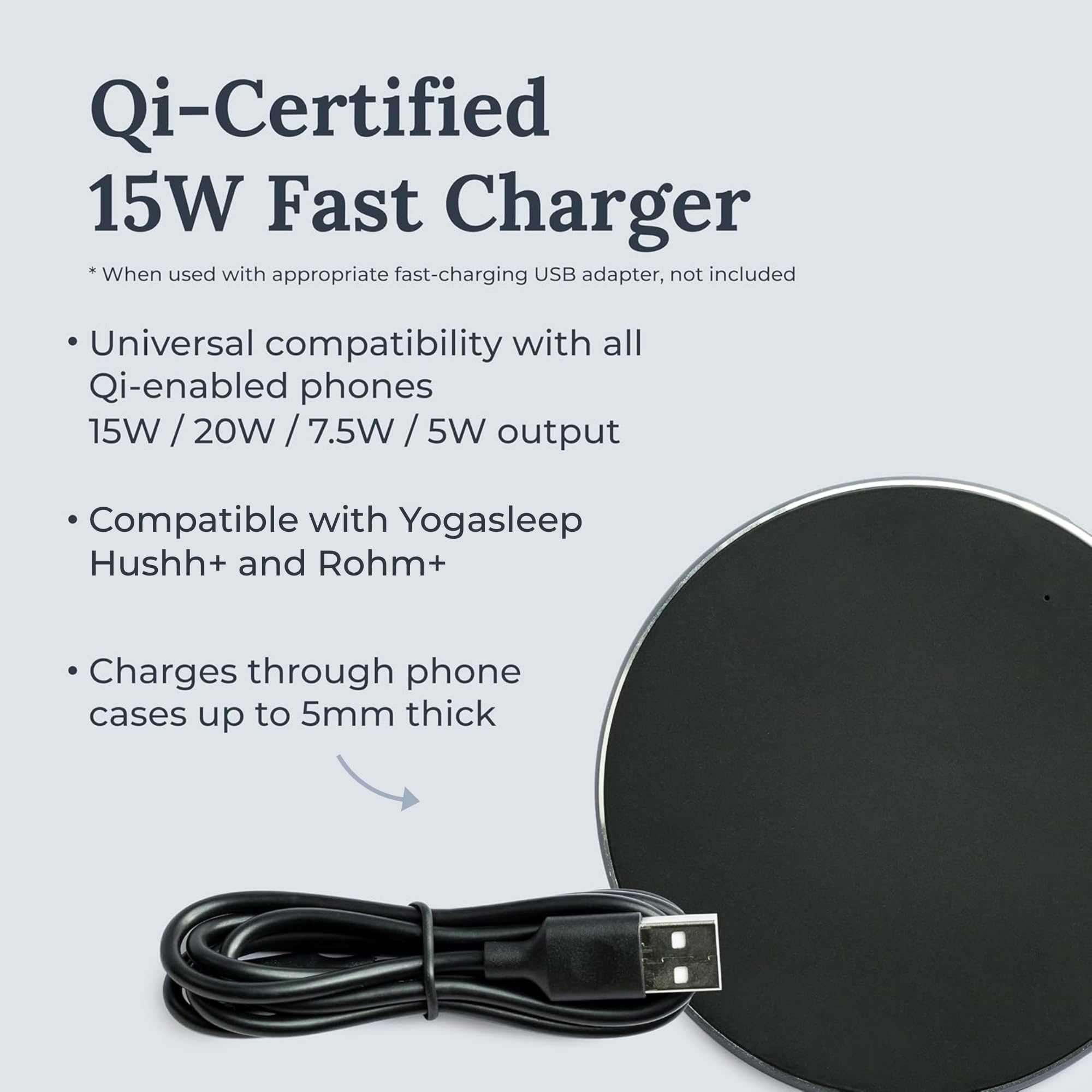 Chargeur sans fil Yogasleep pour Rohm+, sûr et polyvalent, prêt rapidement.