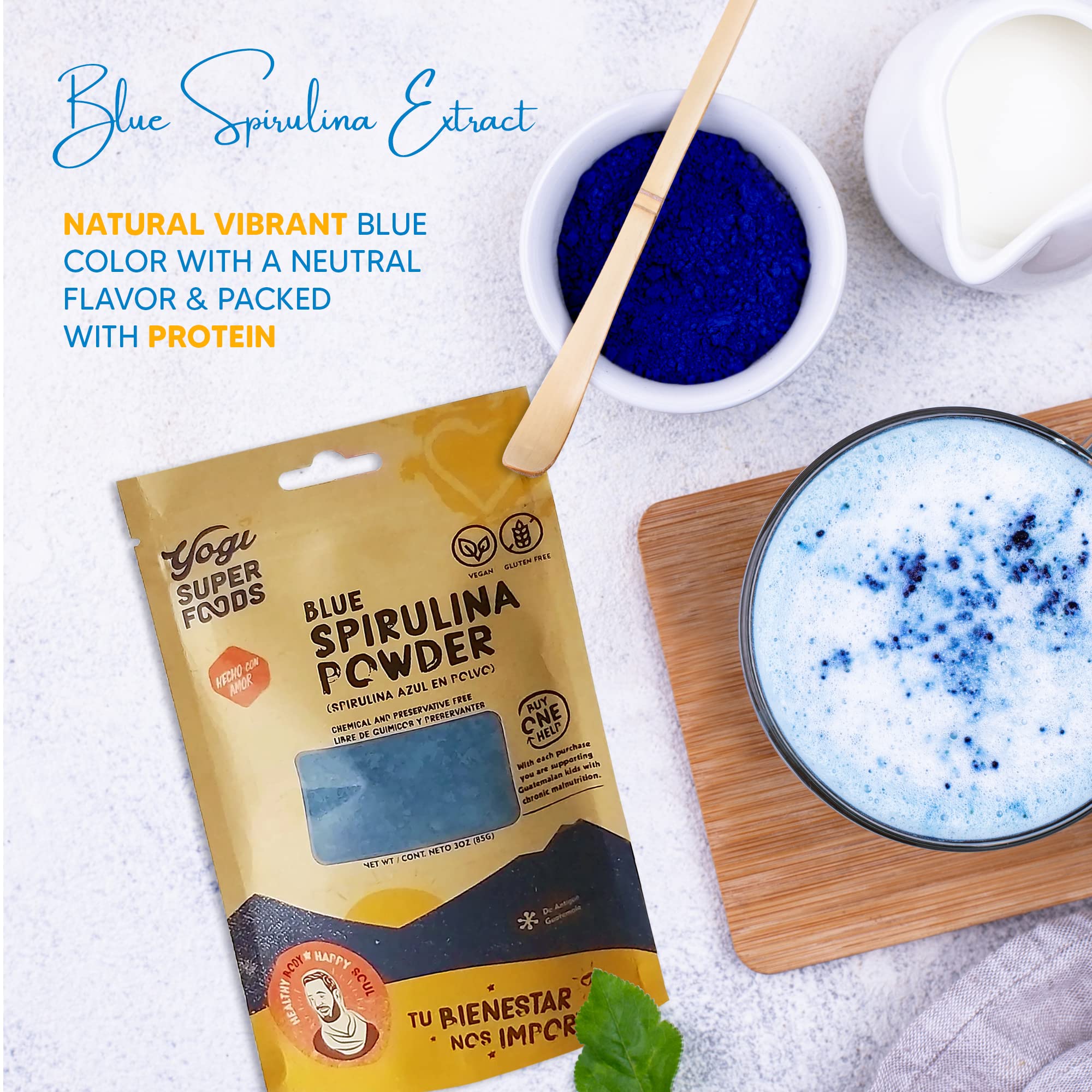 Bocal contenant Yogi Super Foods Spiruline Bleue pour usage quotidien.