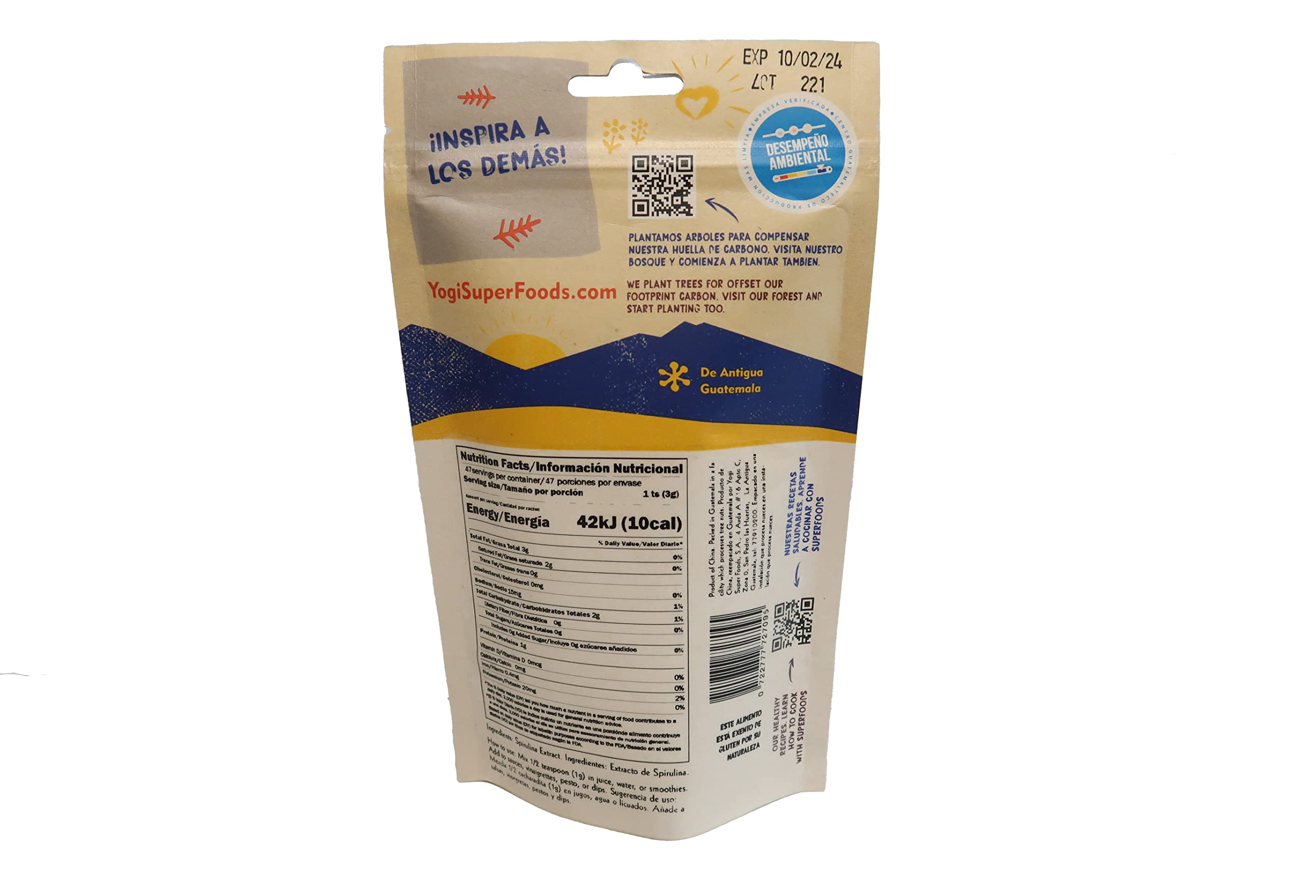 Pot doseur pratique de Yogi Super Foods Spiruline Bleue pour dosages faciles.