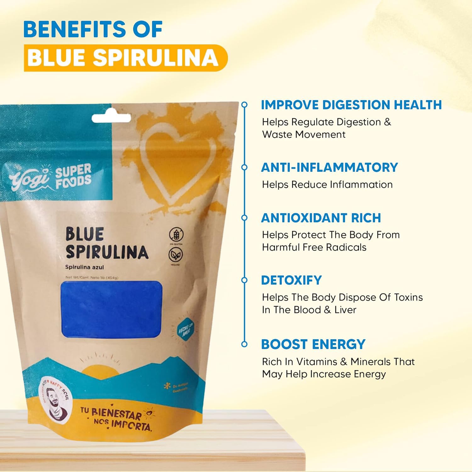 Poudre crue sans gluten Yogi Super Foods spiruline bleue pour recettes.