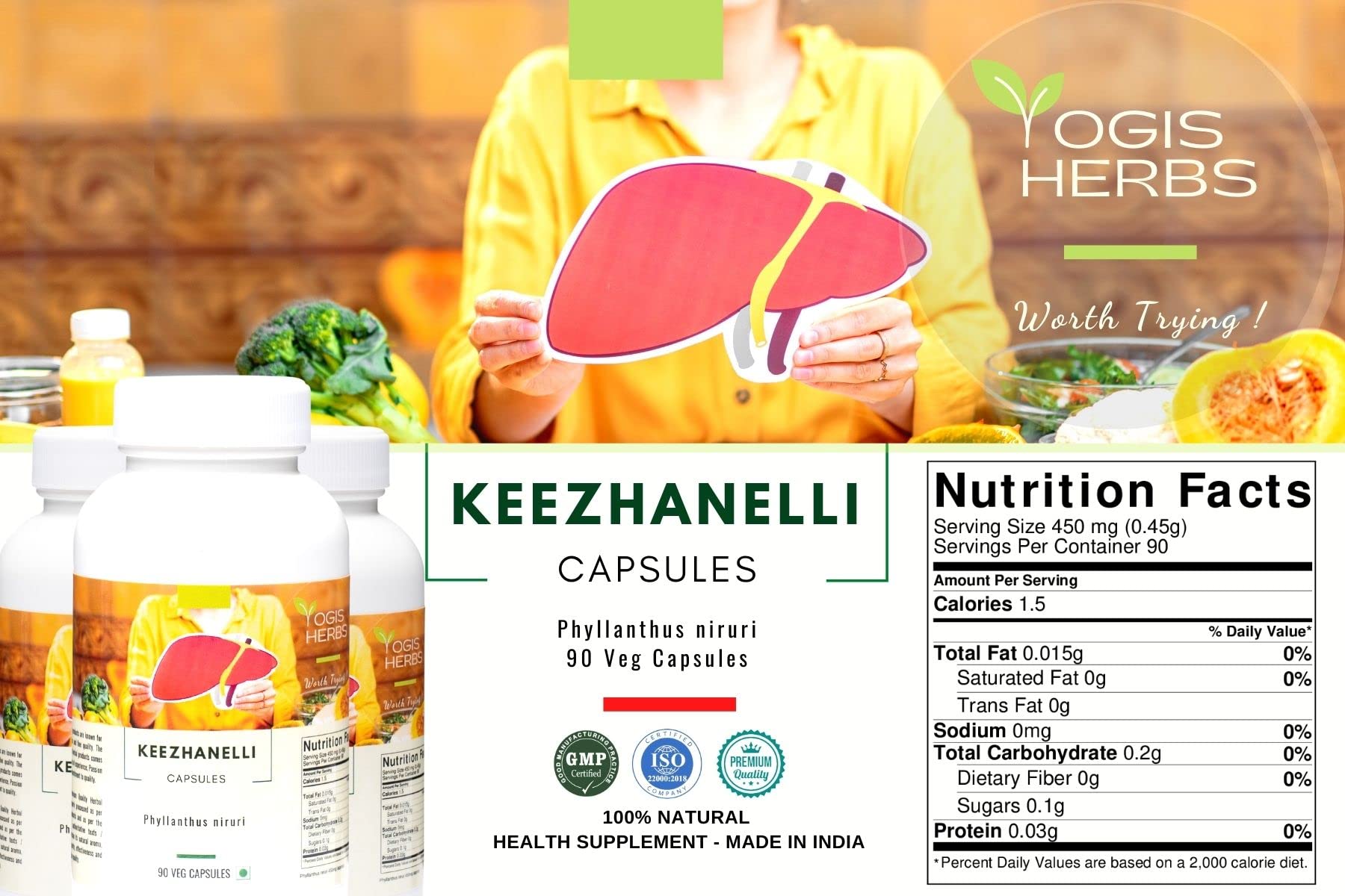 Keezhanelli YOGIS HERBS, étiquette et capsules, soutien rénal et biliaire après repas