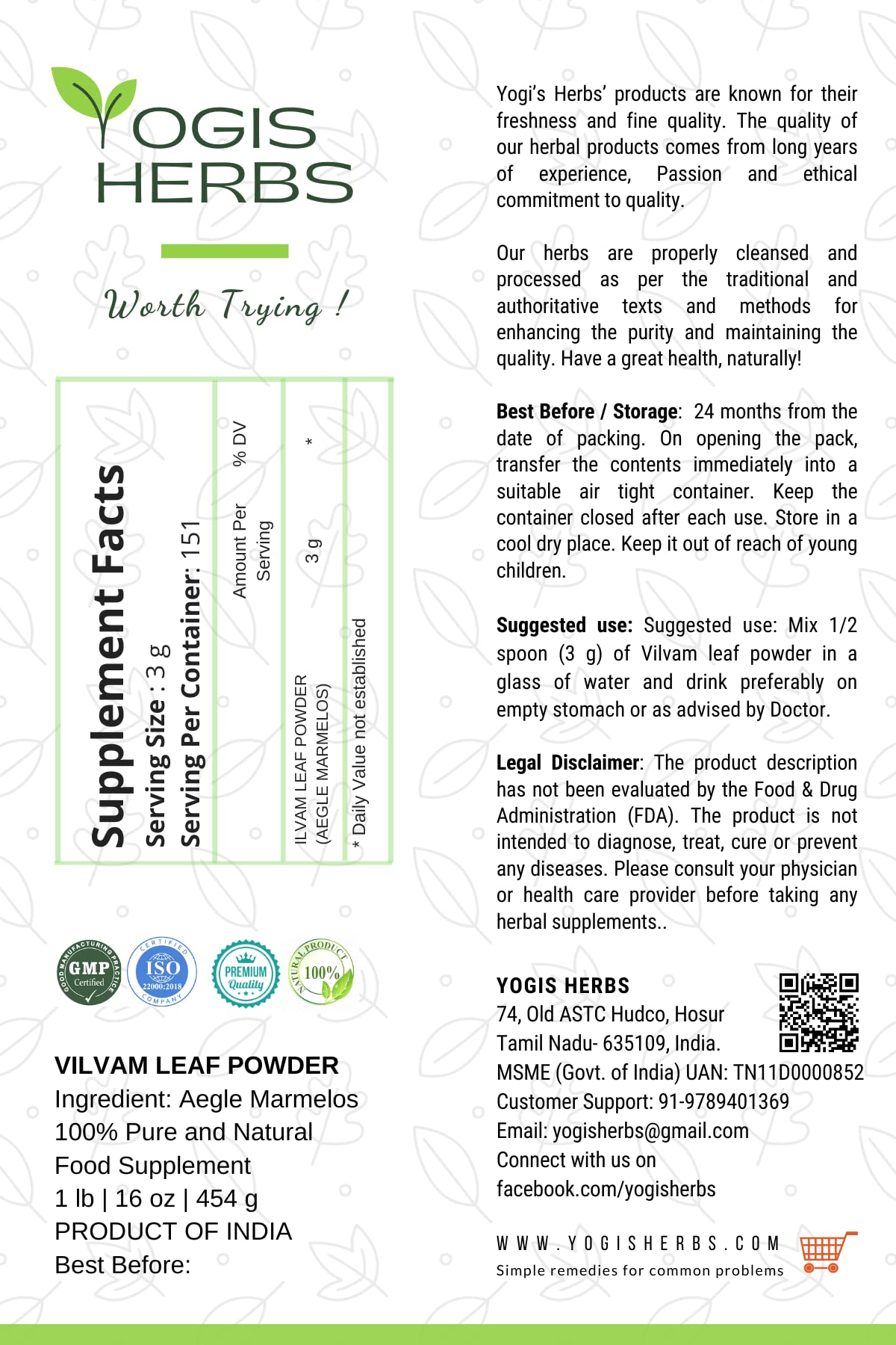 YOGIS HERBS Poudre Vilvam, vue d’un sachet recyclable démontrant la qualité premium.
