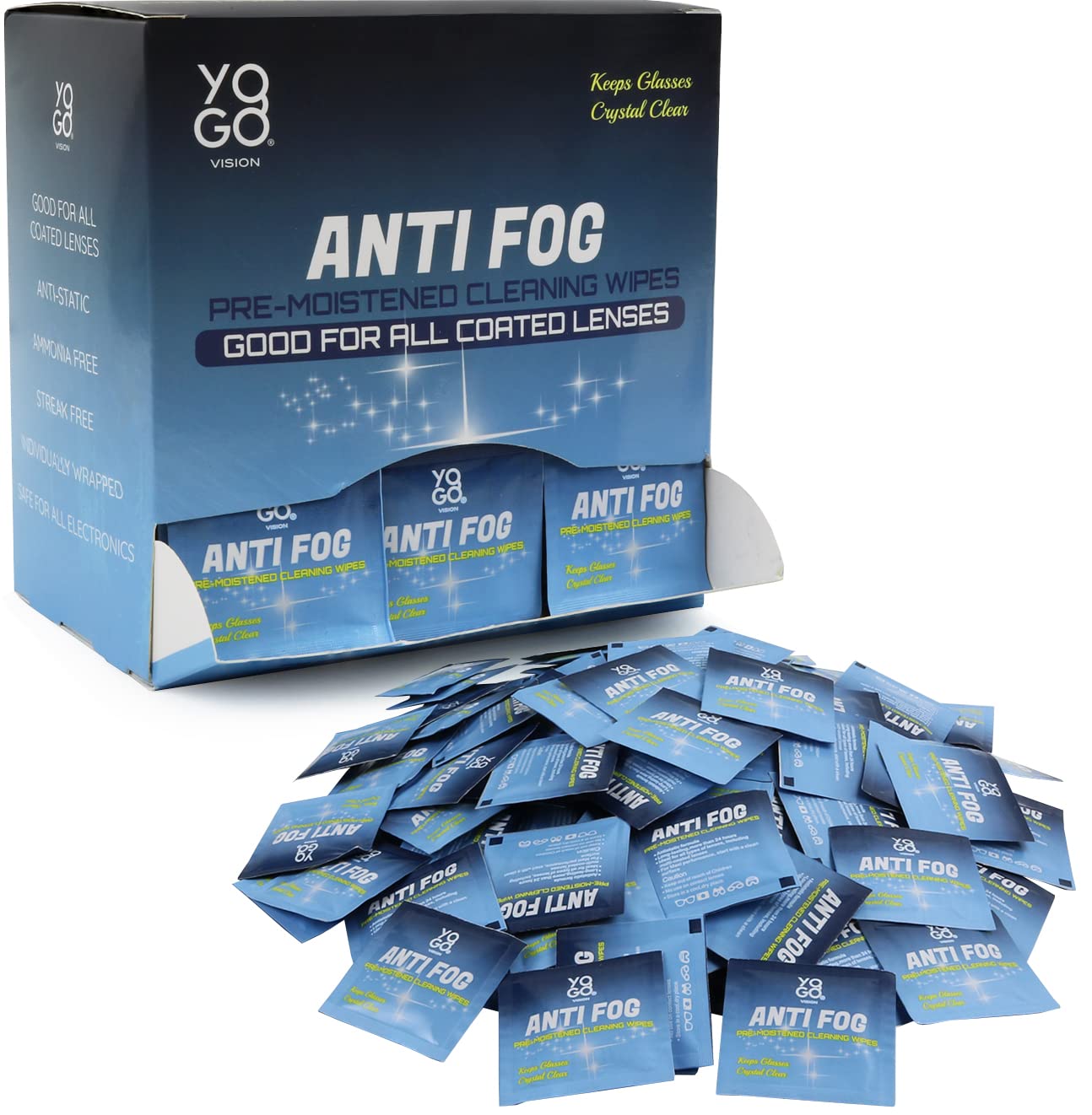 Lingettes antifog Yogo Vision pour lunettes, nettoyage sans traces et anti-buée efficaces.