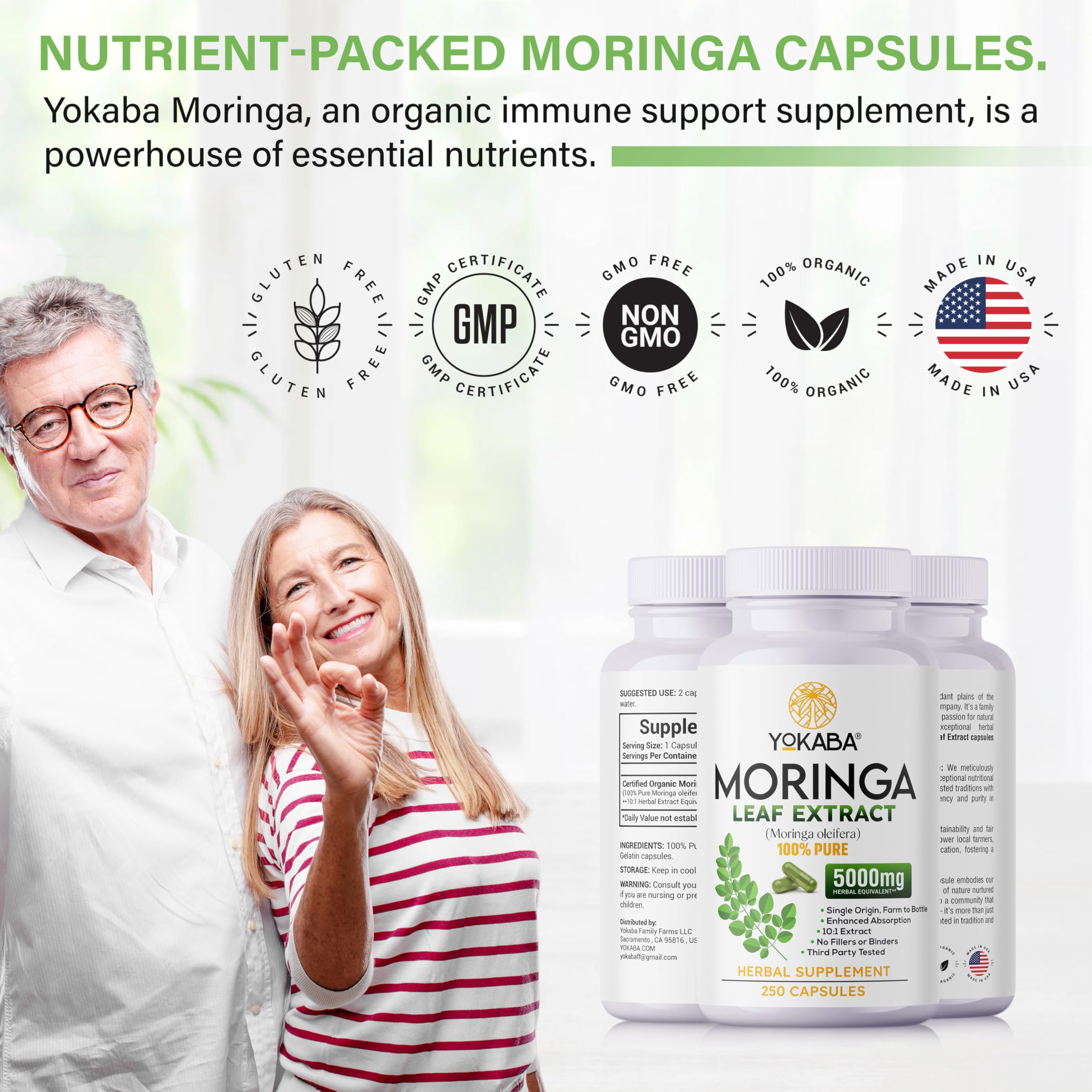 Yokaba ingrédients-vitamines-moringa: nutriments clés et antioxydants dans chaque capsule.