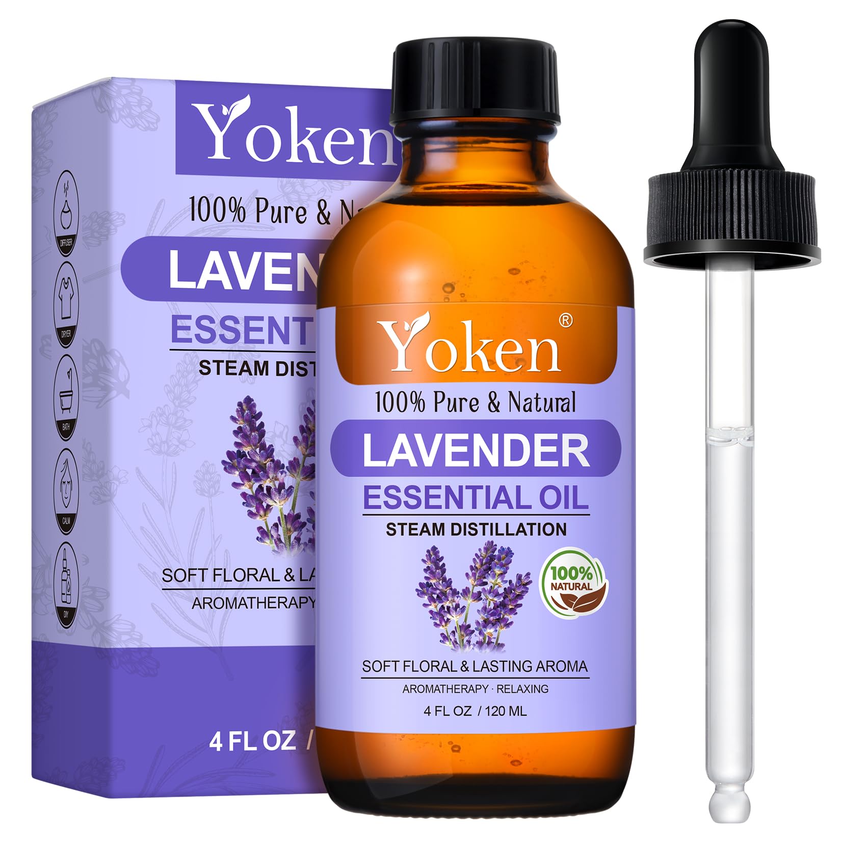 Yoken huile essentielle Lavande dans bouteille en verre avec compte-gouttes pour diffusion précise et relaxation