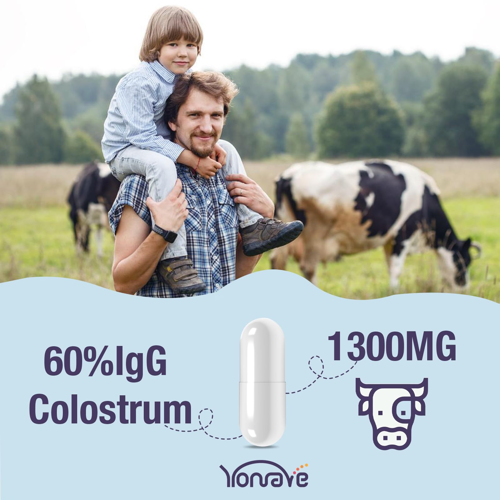 Yonrave Colostrum Bovin bouteille de 60 capsules, pureté et sécurité garanties.
