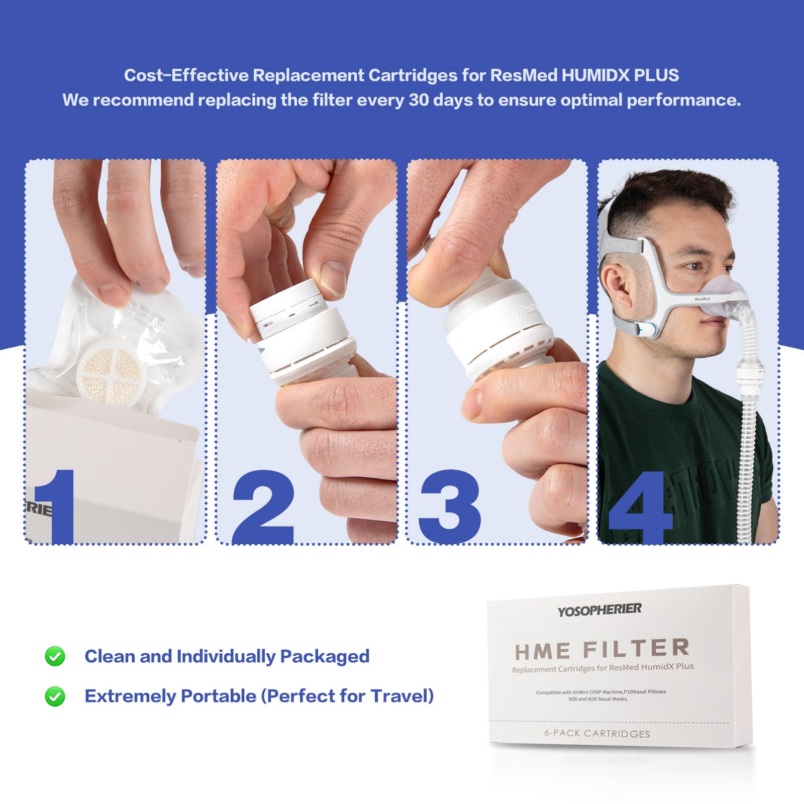 Yosopherier HumidX Plus : lot de 6 cartouches, solution économique pour vos consommables CPAP.