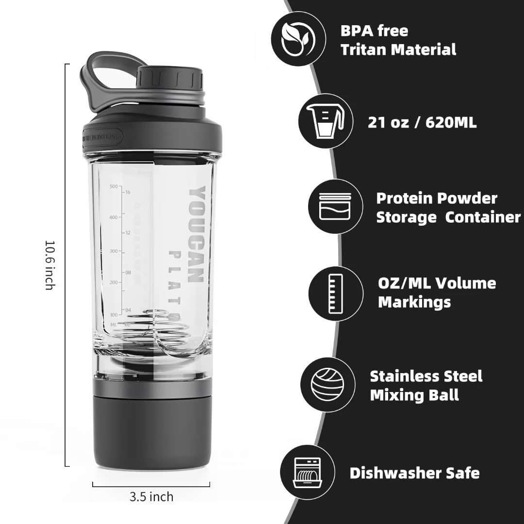 YouCanPlato Shaker avec compartiment pilules/calcium pour déplacements