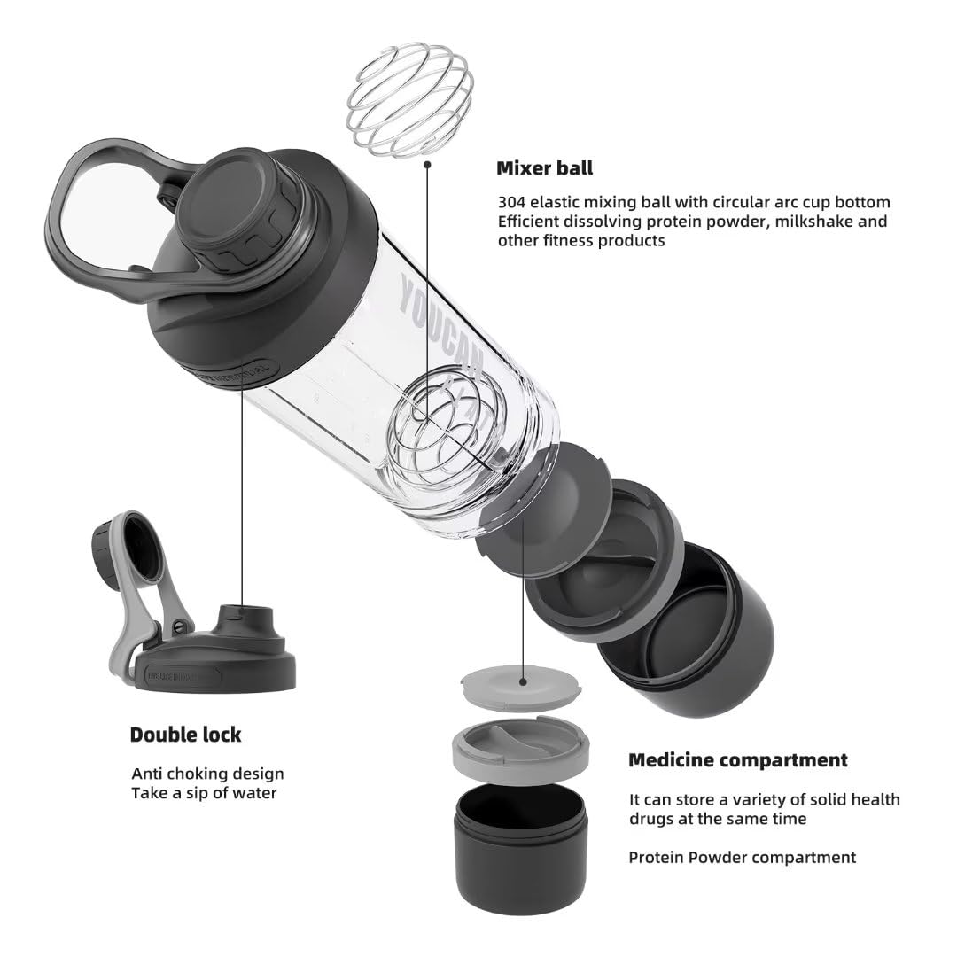 YouCanPlato Bouteille shaker équipée d'un rangement poudre pratique