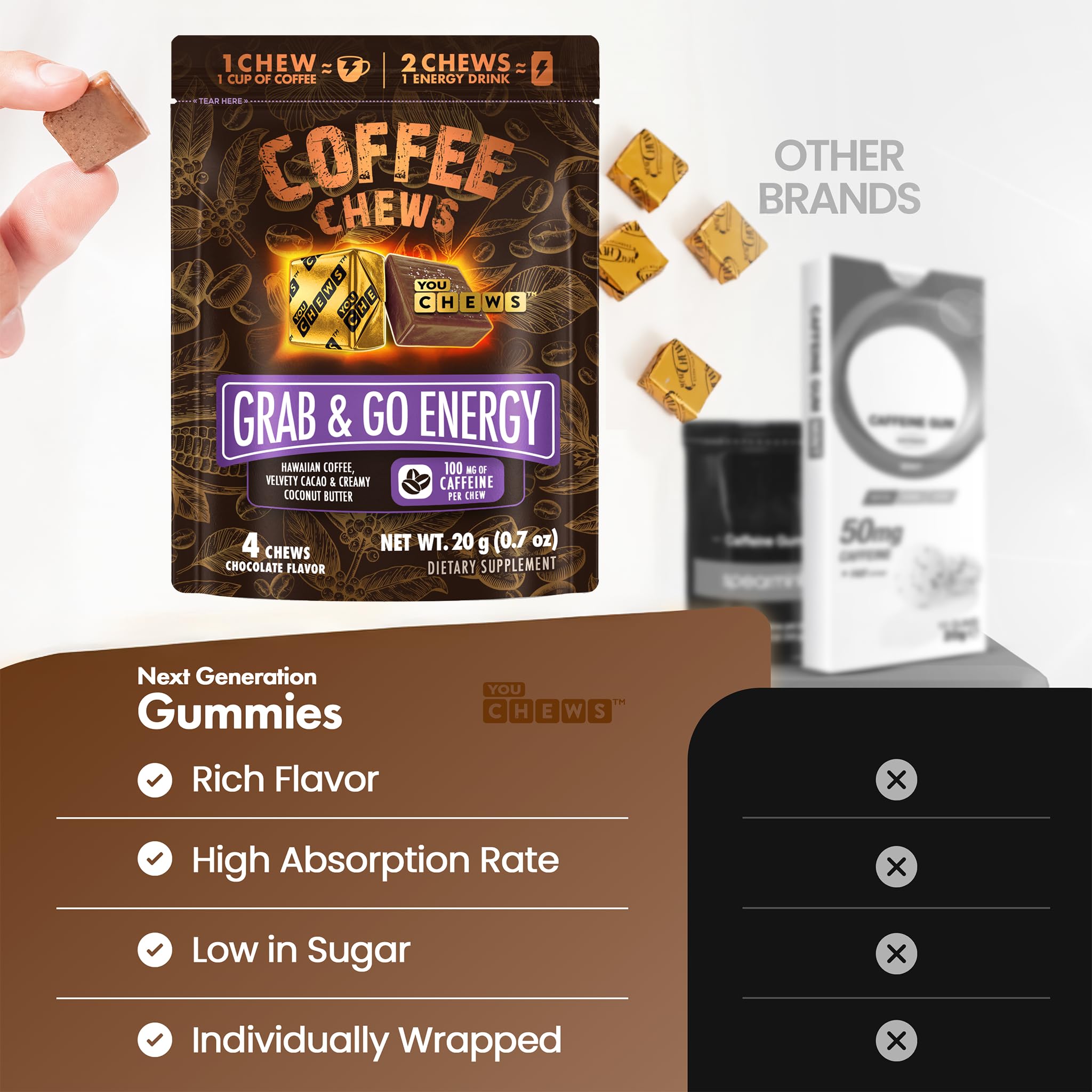 YouChews Café Chews — Beurre de cacao et coco : texture veloutée et plaisir végan.
