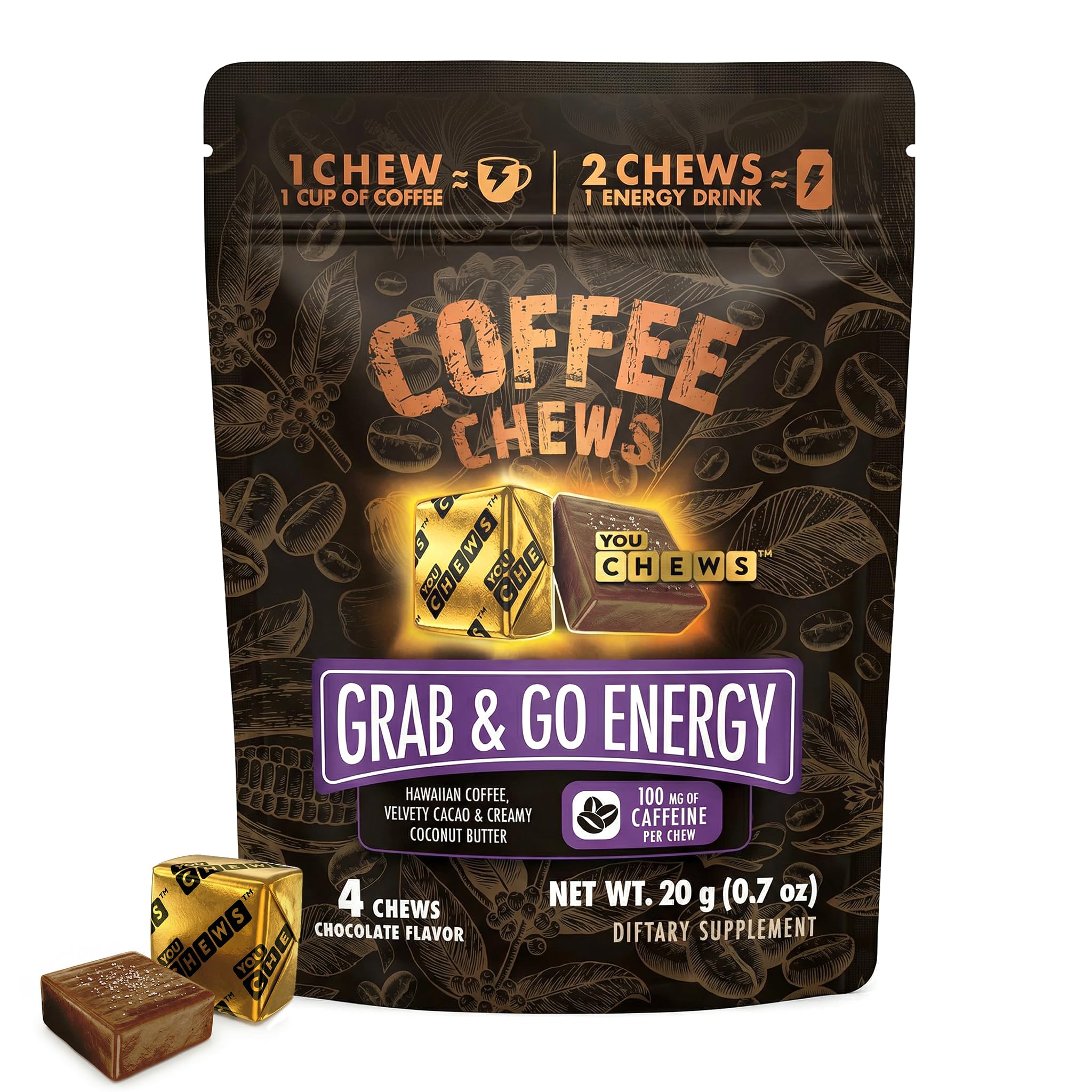 YouChews Café Chews — Emballage recto, énergie rapide pour les déplacements quotidiens.