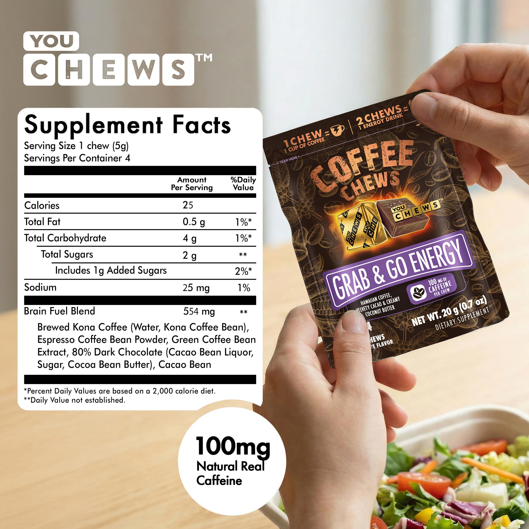 YouChews Café Chews — Grains Kona : saveur riche et énergie soutenue.