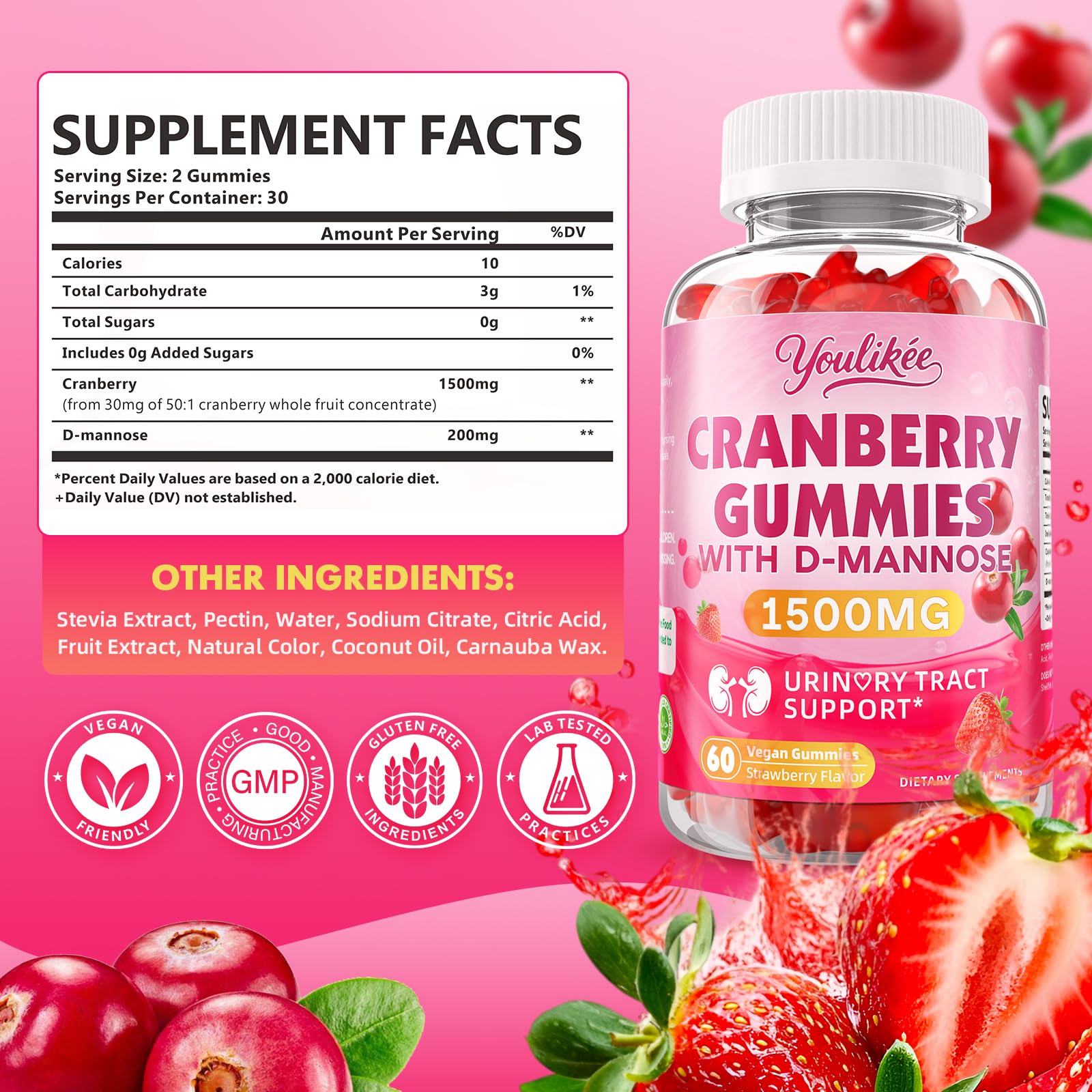 Ingrédients Youlikee Cranberry vegan D‑Mannose, ingrédients et origine naturelle; usage quotidien.