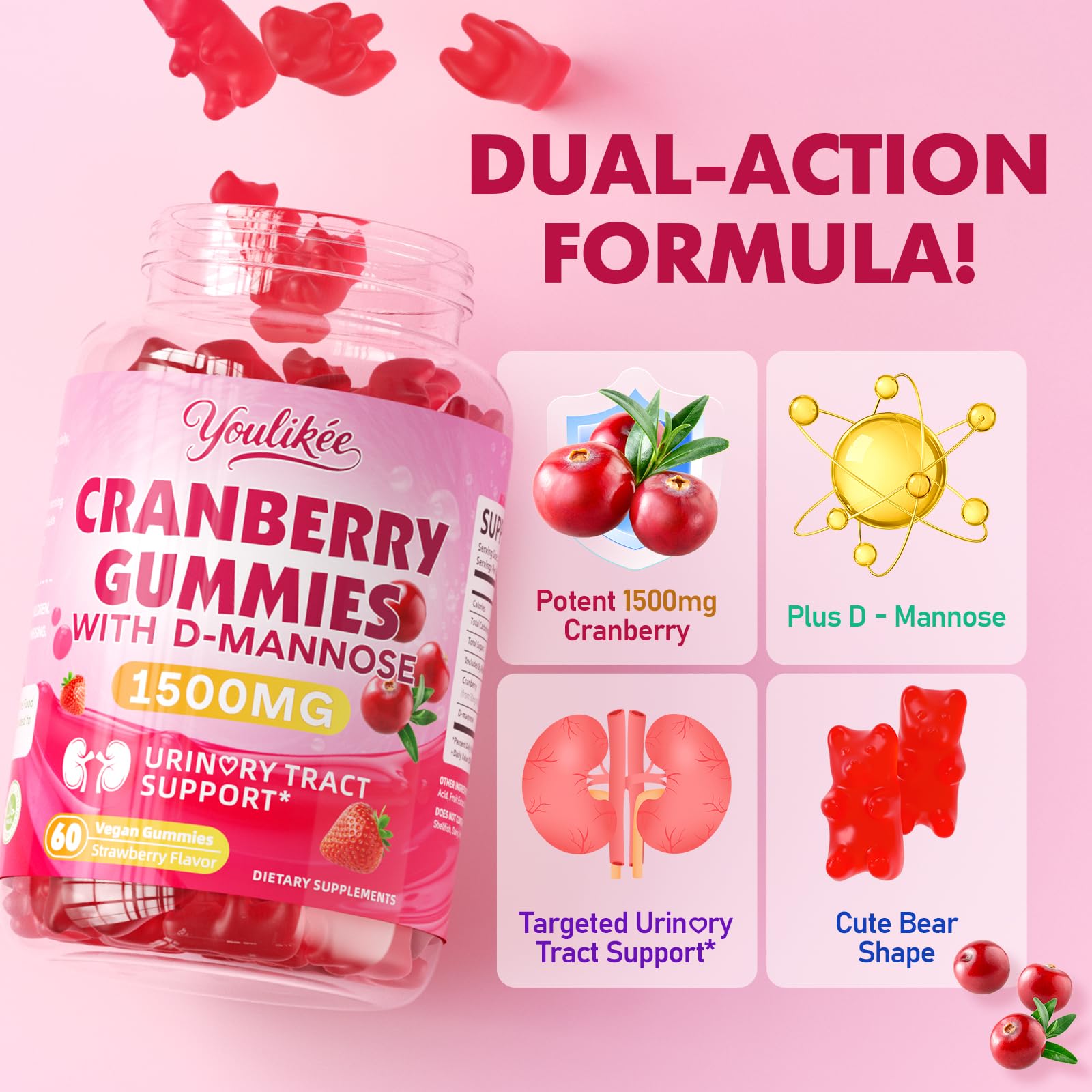 Gommes saveur fraise Youlikee Cranberry vegan D‑Mannose, goût doux.