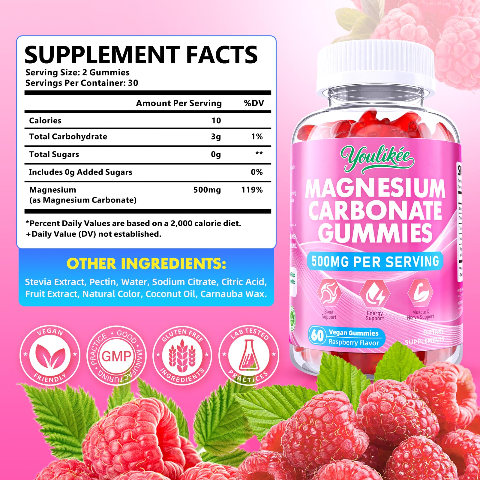 Youlikee gommes magnésium 500 mg bouteille claire pour dosage facile