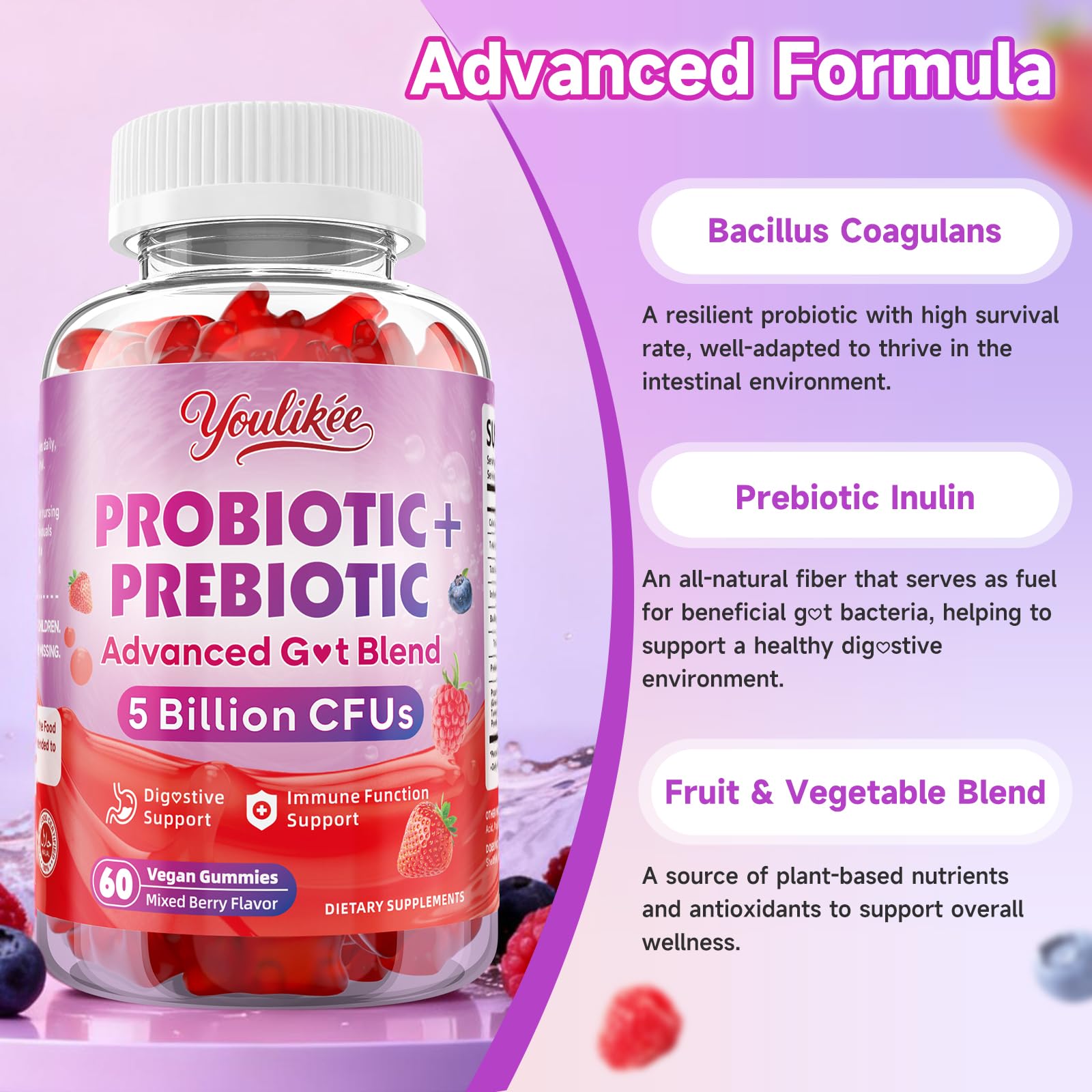 Youlikee gummies-ingredients-prebiotiques-probiotiques, mélange de fibres et probiotiques.