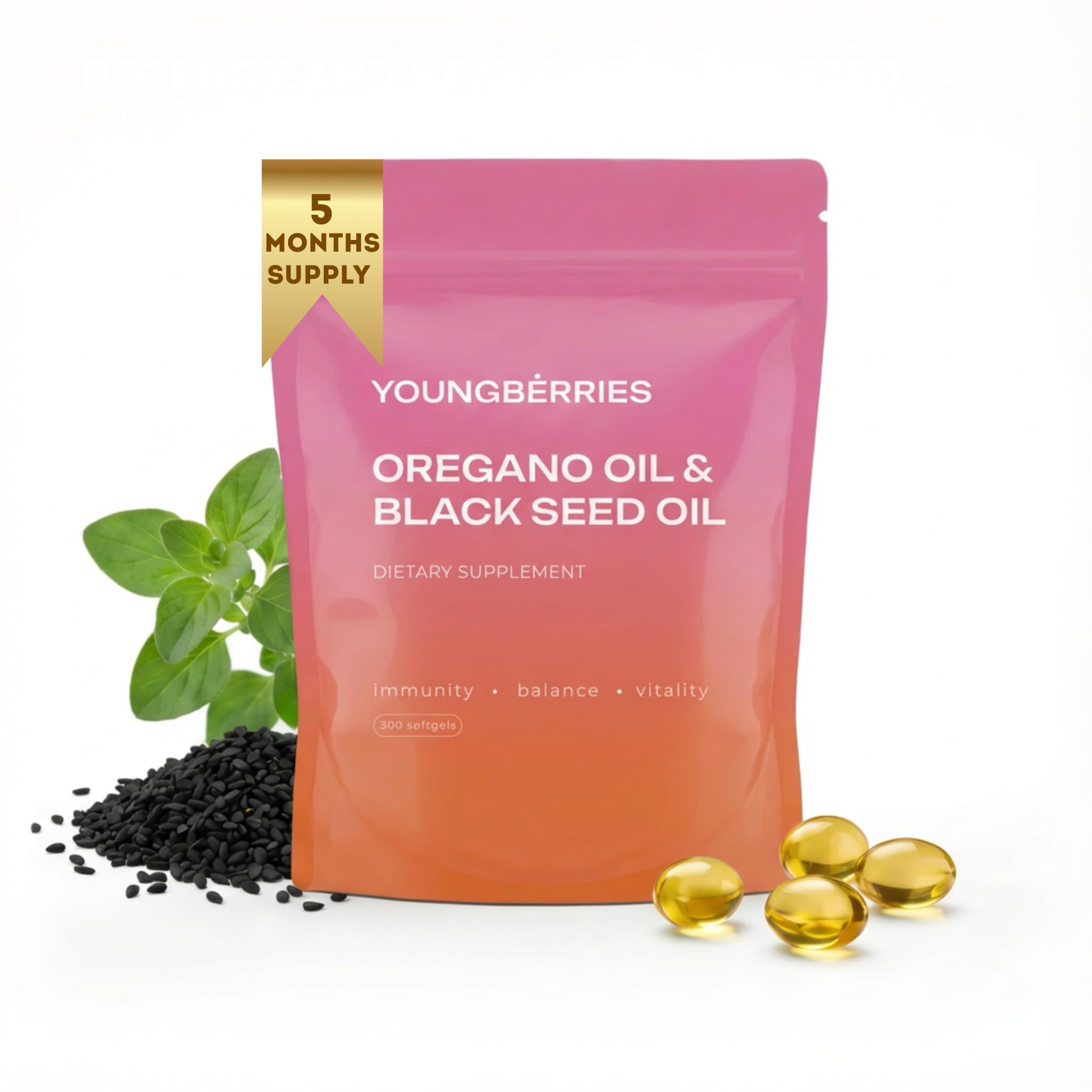 Bouteille YOUNGBERRIES softgels Origan et Nigelle prêt à l'emploi.