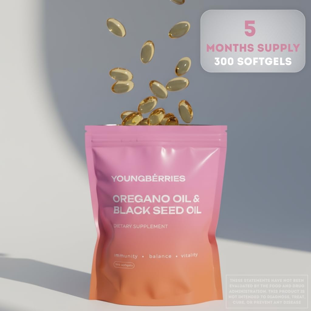 Capsules YOUNGBERRIES softgels Origan et Nigelle prêtes à être consommées.