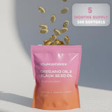 Capsules YOUNGBERRIES softgels Origan et Nigelle prêtes à être consommées.