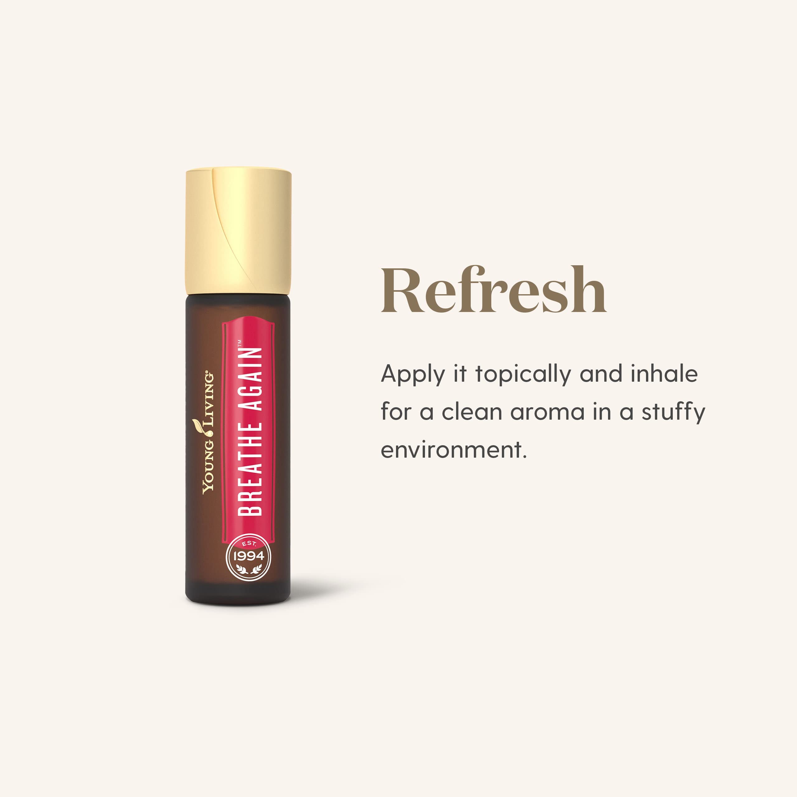 Young Living Breathe Again emballage compact et format 10 ml, facile à transporter.