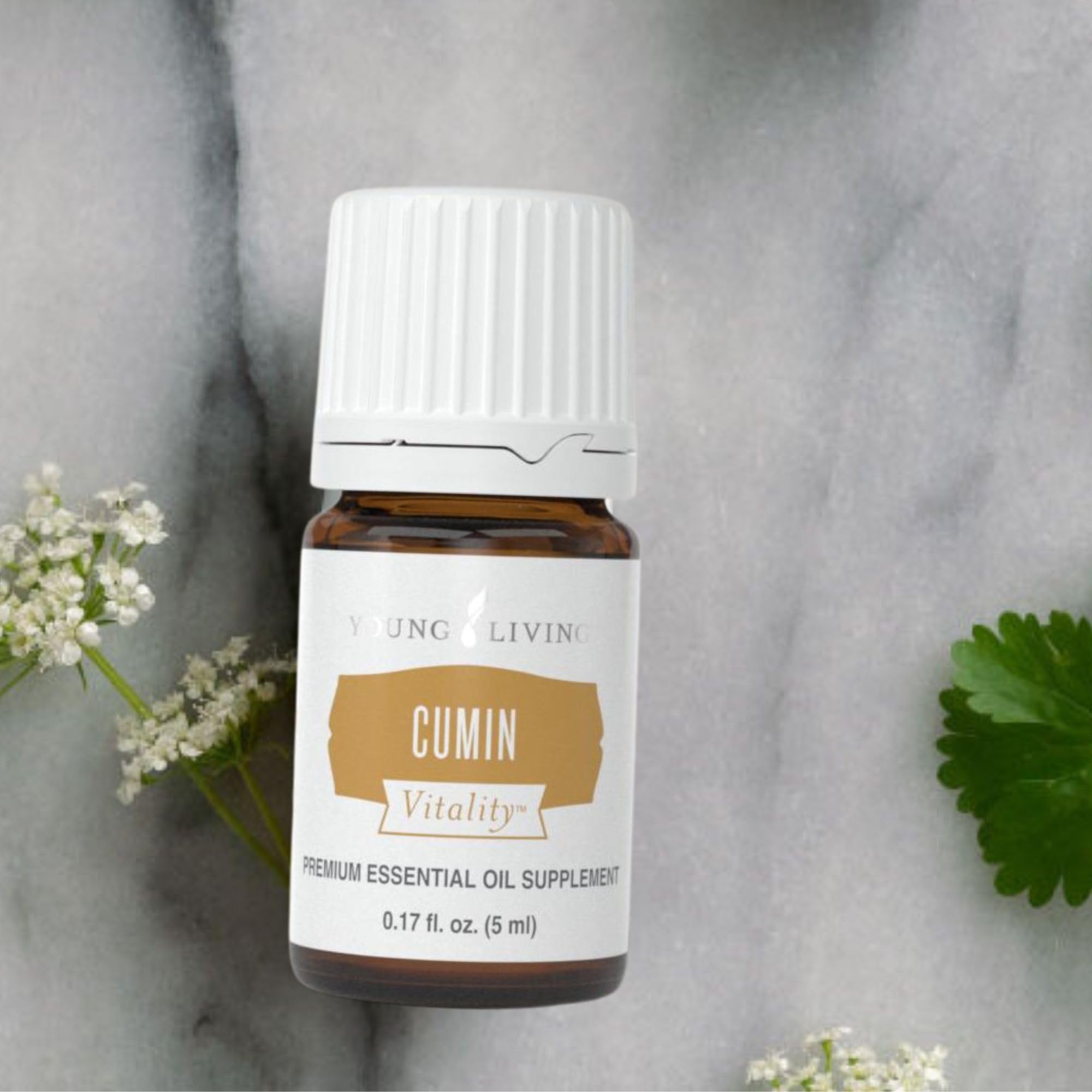 Plante de cumin et flacon Young Living Vitality — rappel des ingrédients naturels.