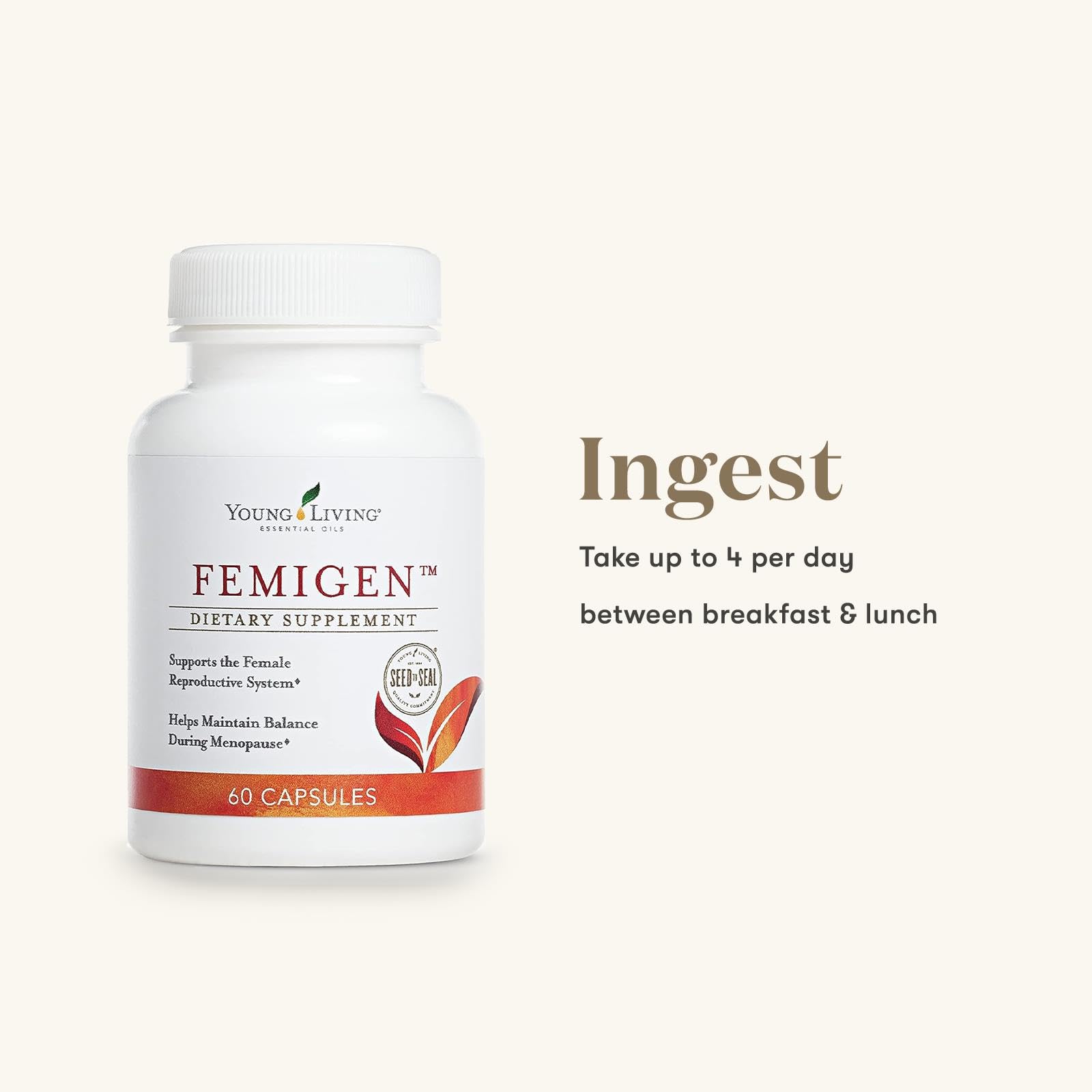 Étiquette claire FemiGen Young Living sur la bouteille, informations utiles.