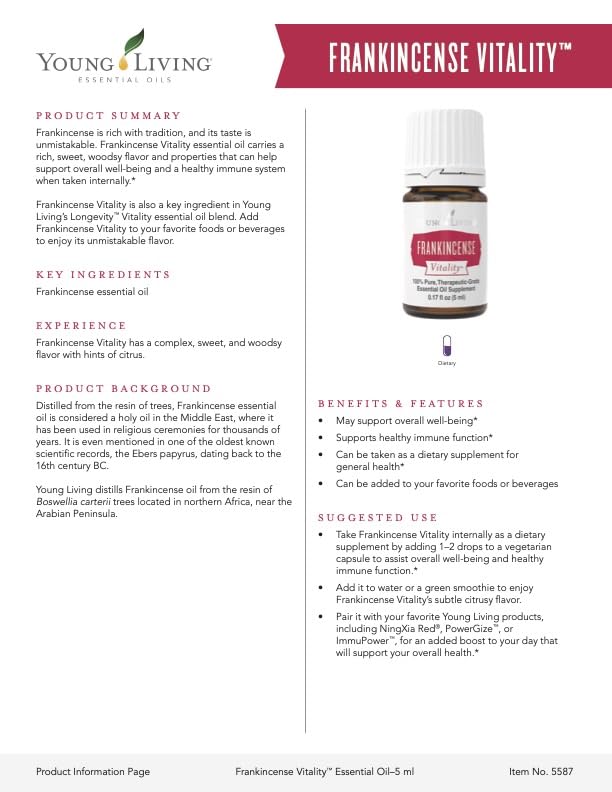Young Living Frankincense Vitality 5ml, soutien immunitaire potentiel par application locale.