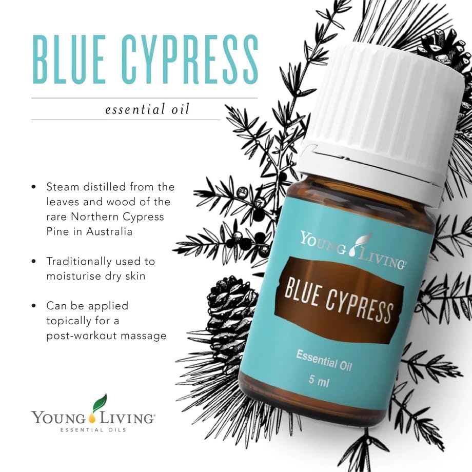 Blue Cypress Young Living, flacon en verre, arôme revitalisant pour les activités en plein air.