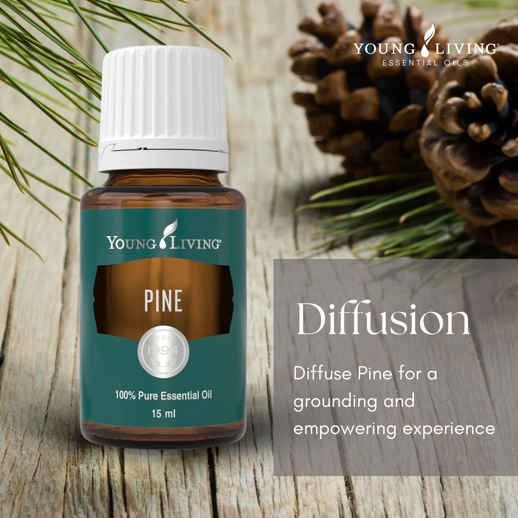 Young Living huile essentielle pin — diffuseur illustré pour ambiance boisée et apaisante.