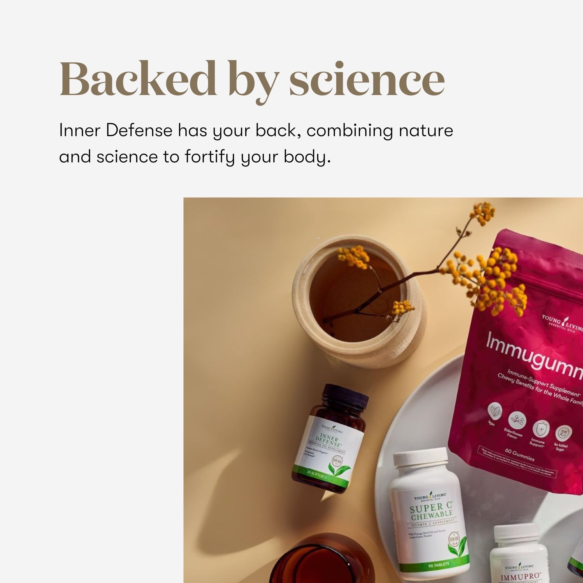 Young Living Inner Defense, gélules alignées prêtes pour une routine quotidienne.
