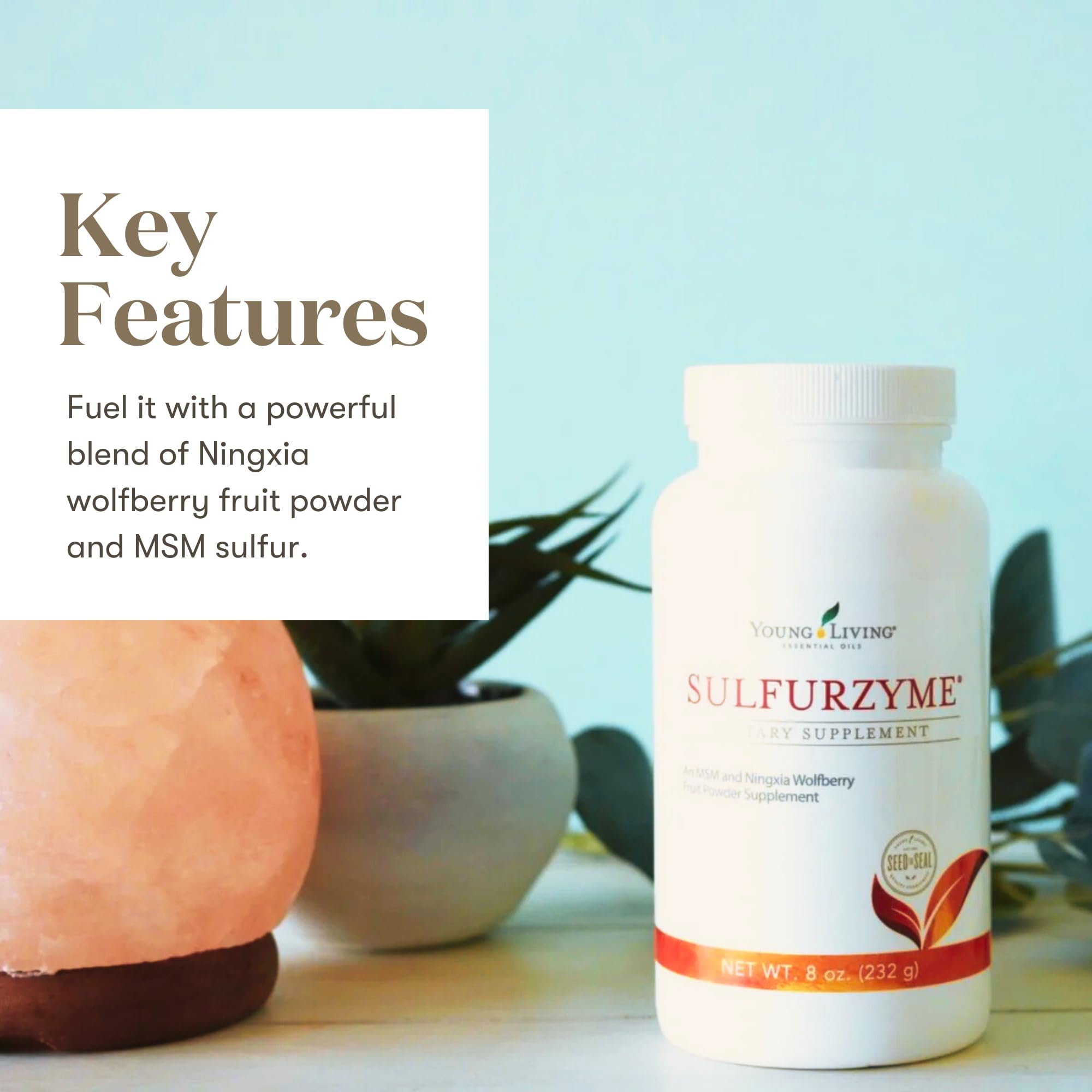 Poudre sulfurzyme Young Living à mélanger dans smoothie pour énergie et immunité.