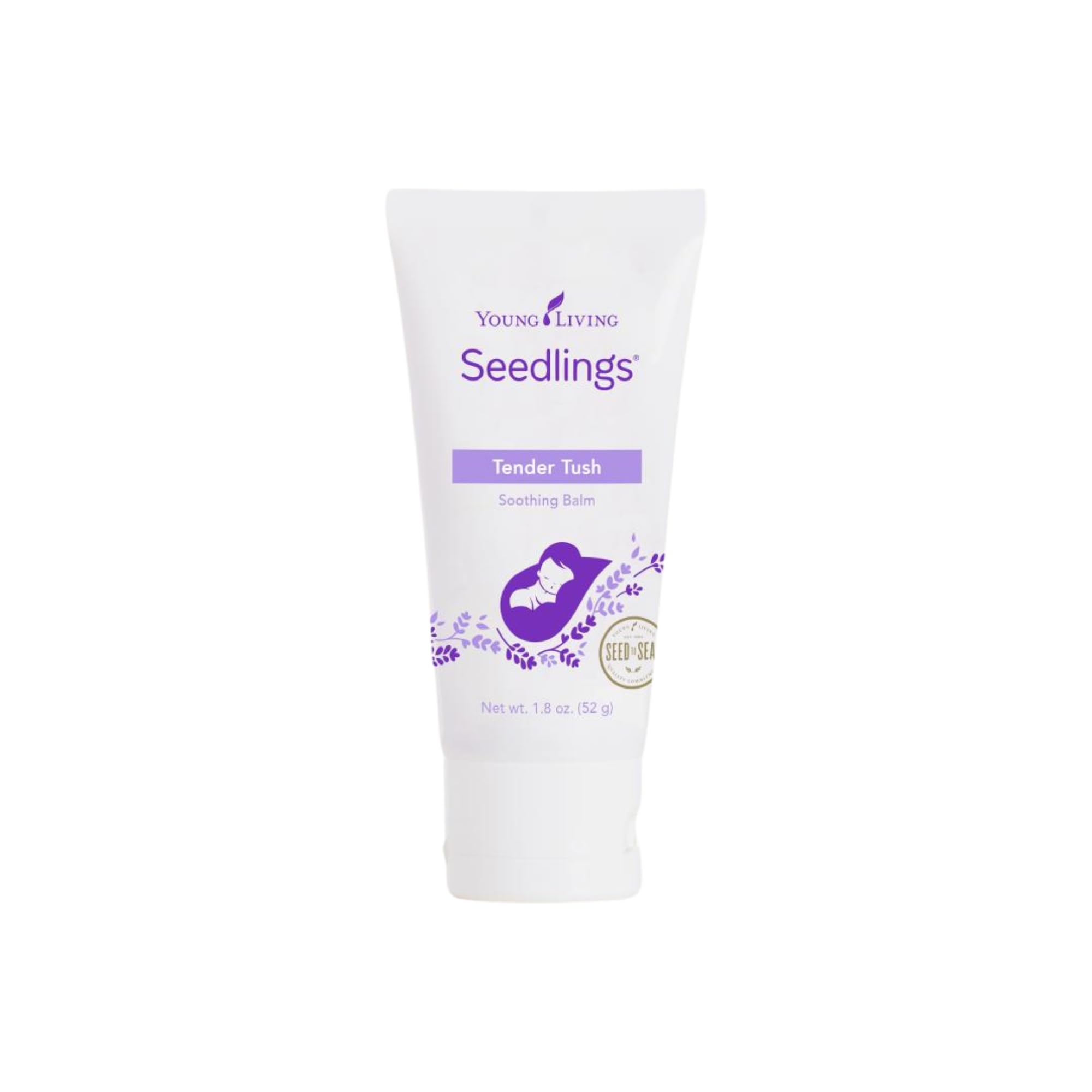 Le baume Seedlings Tender Tush de Young Living dans une bouteille, soin doux pour la peau fragile.