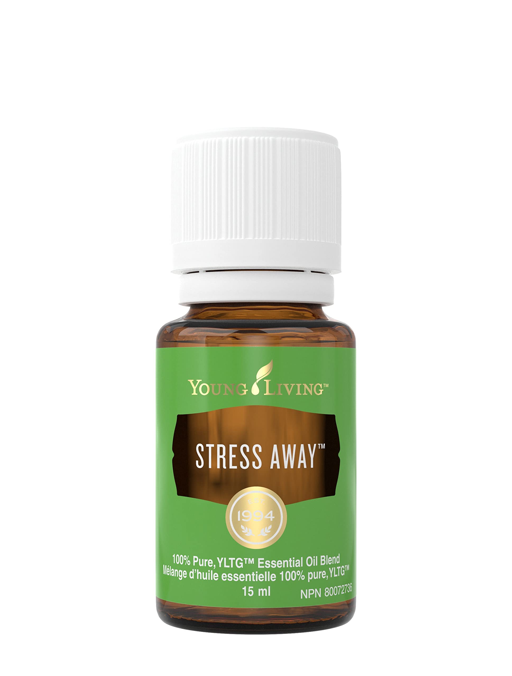 Bouteille Stress Away Young Living 15ml prête pour diffusion et relaxation.