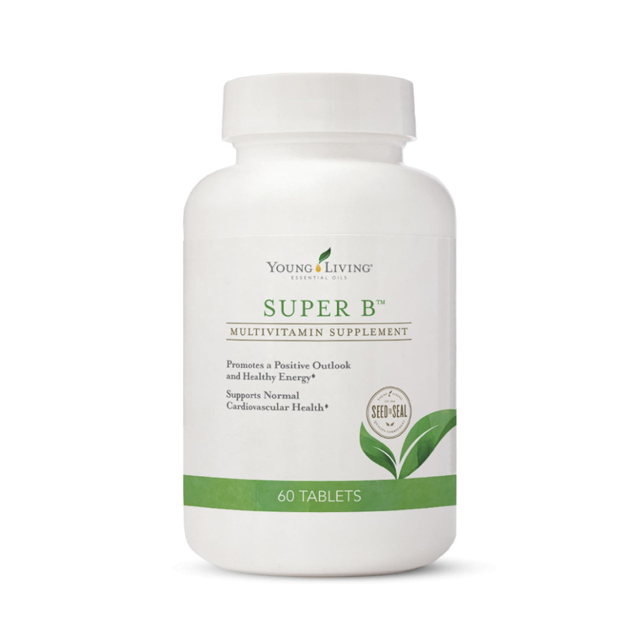 Young Living Super B Tablets, bouteille, énergie durable et bien-être quotidien.
