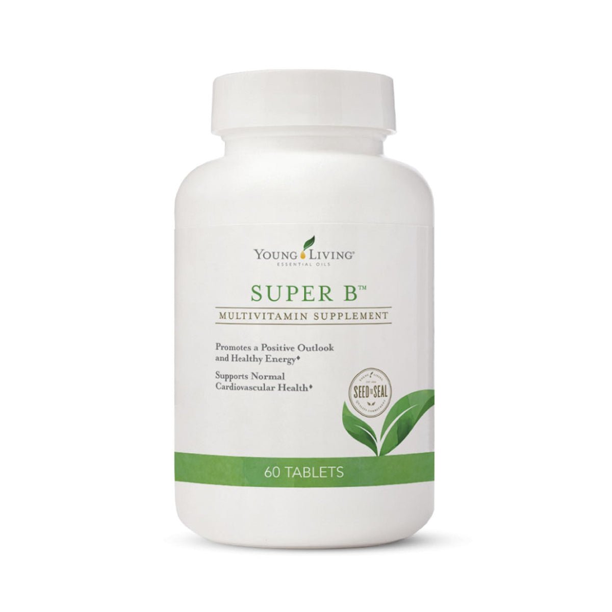 Young Living Super B Tablets, bouteille, énergie durable et bien-être quotidien.