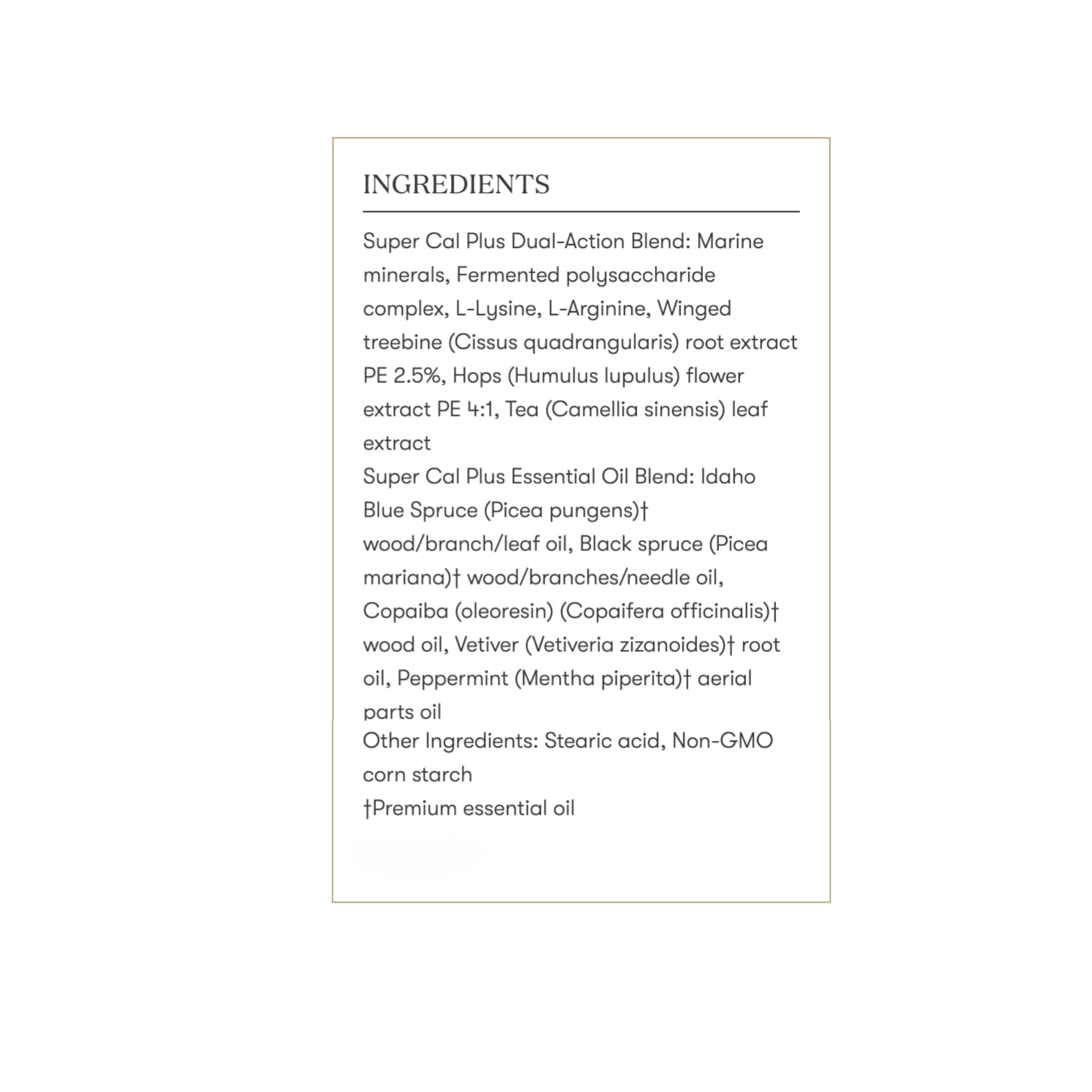 Premier-plan sur les minéraux: calcium, magnésium et vitamines dans Young Living Super Cal Plus.